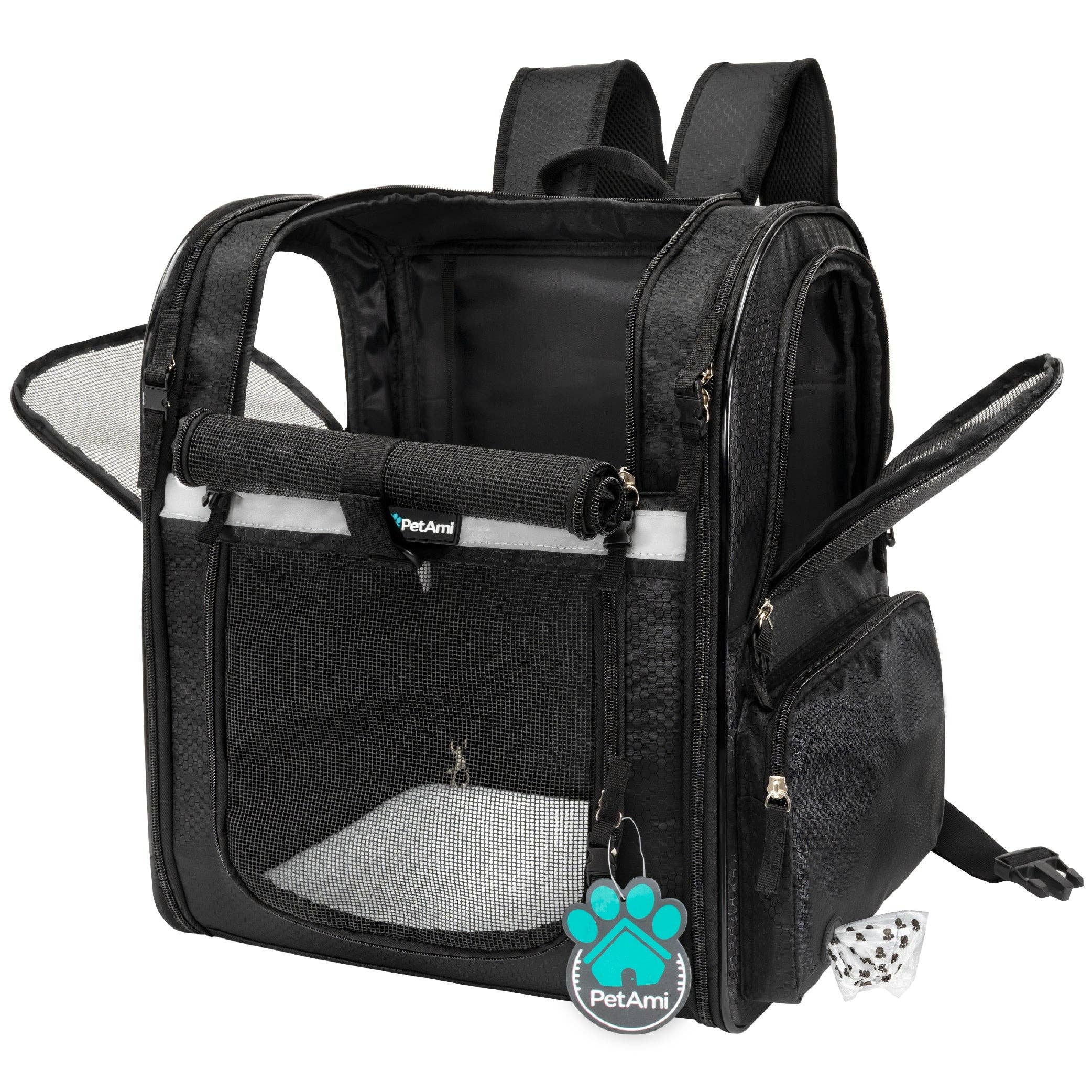 PetAmi - Ultimate 4 Way Entry Pet Carrier Backpack: Black / One Size - 14.5" x 11.5" x 18" (LxWxH)