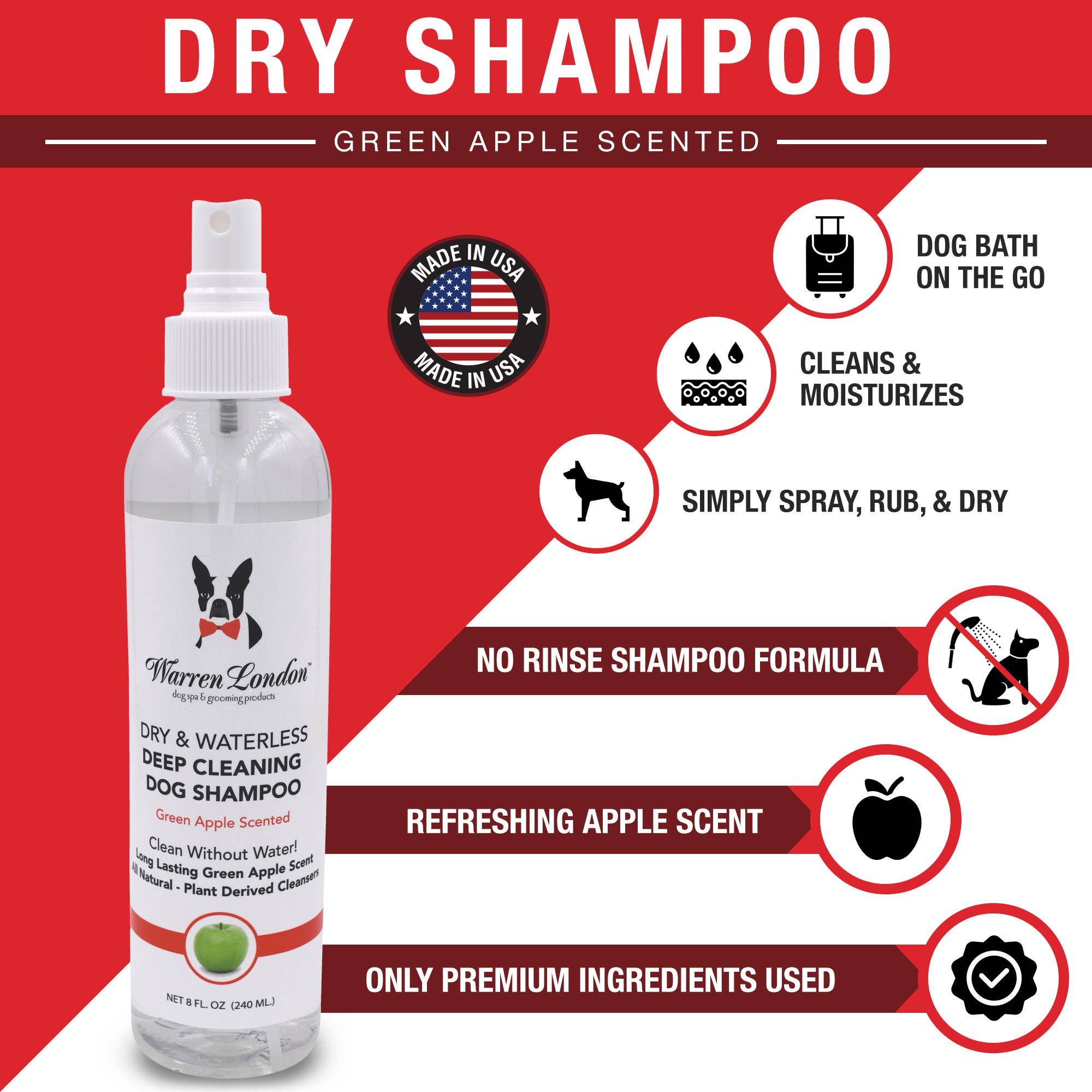 Warren London Dog Products - Dry & Waterless Shampoo - Green Apple Scent - 8 oz