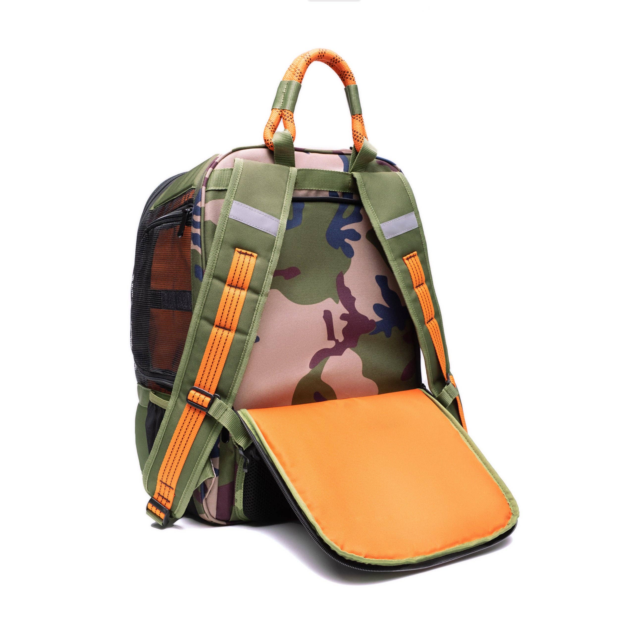 ROVERLUND - READY-FOR-ADVENTURE PET BACKPACK: CAMO / ORANGE - UP TO 25LBS