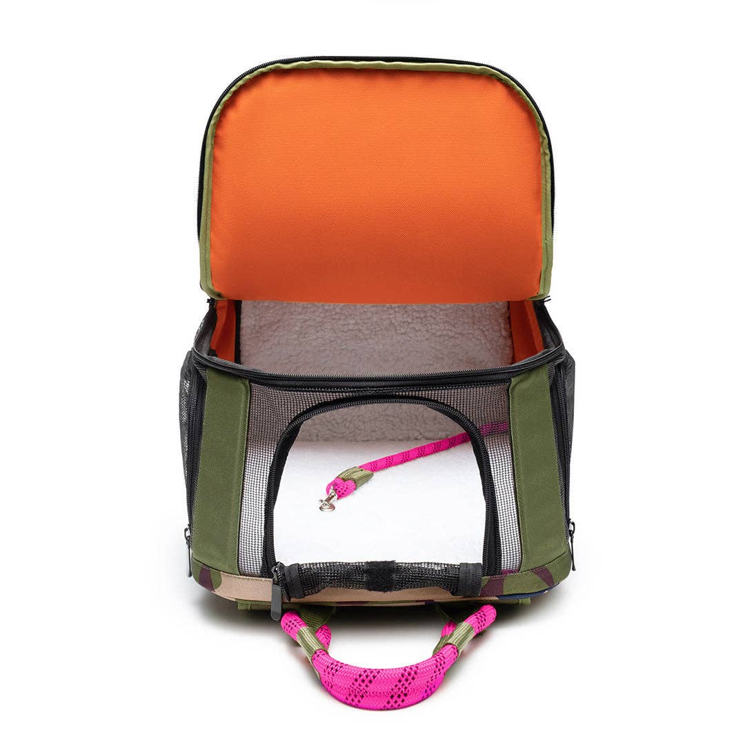 ROVERLUND - READY-FOR-ADVENTURE PET BACKPACK: CAMO / MAGENTA - UP TO 25LBS