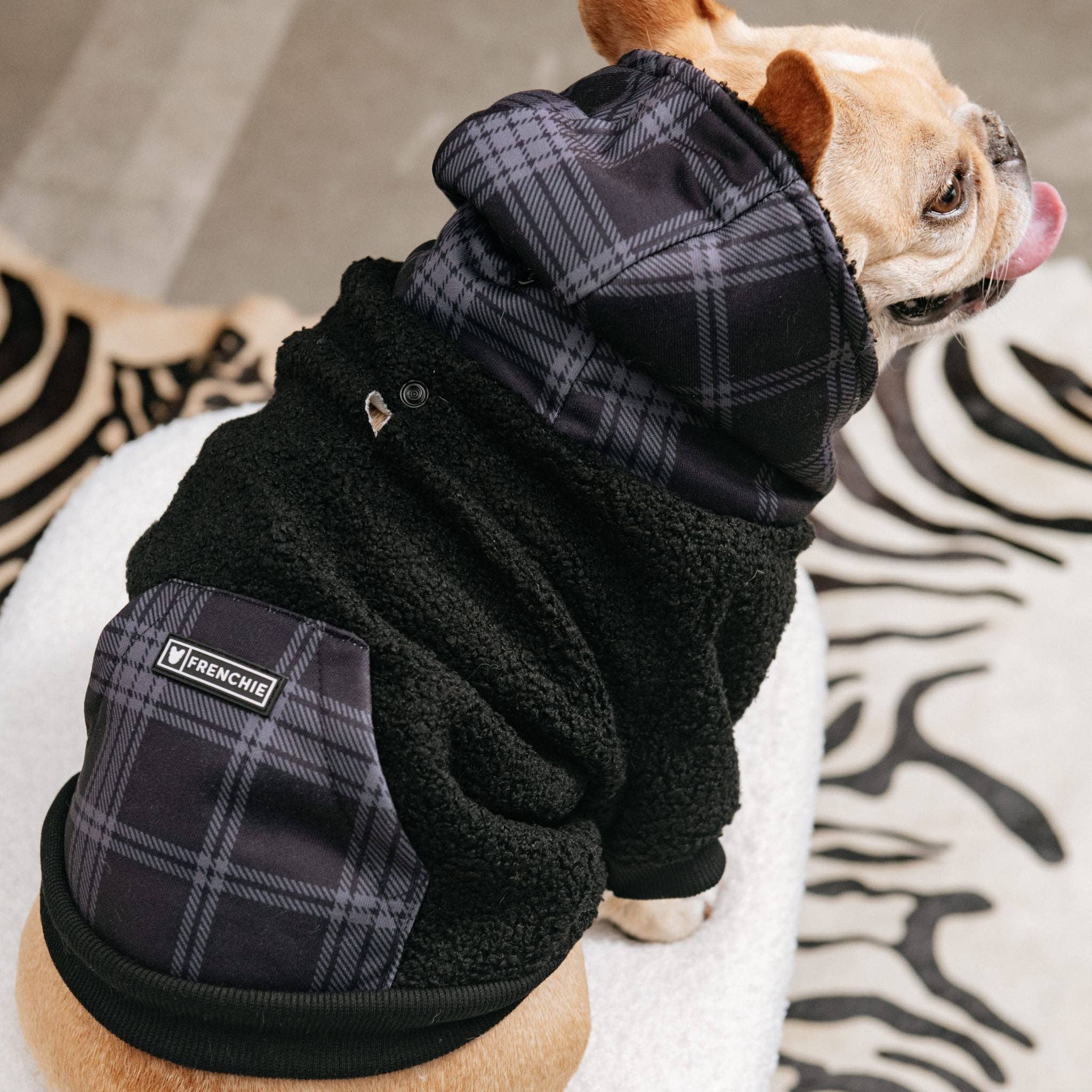 Frenchie - Frenchie Dog Hoodie - Black Plaid: L