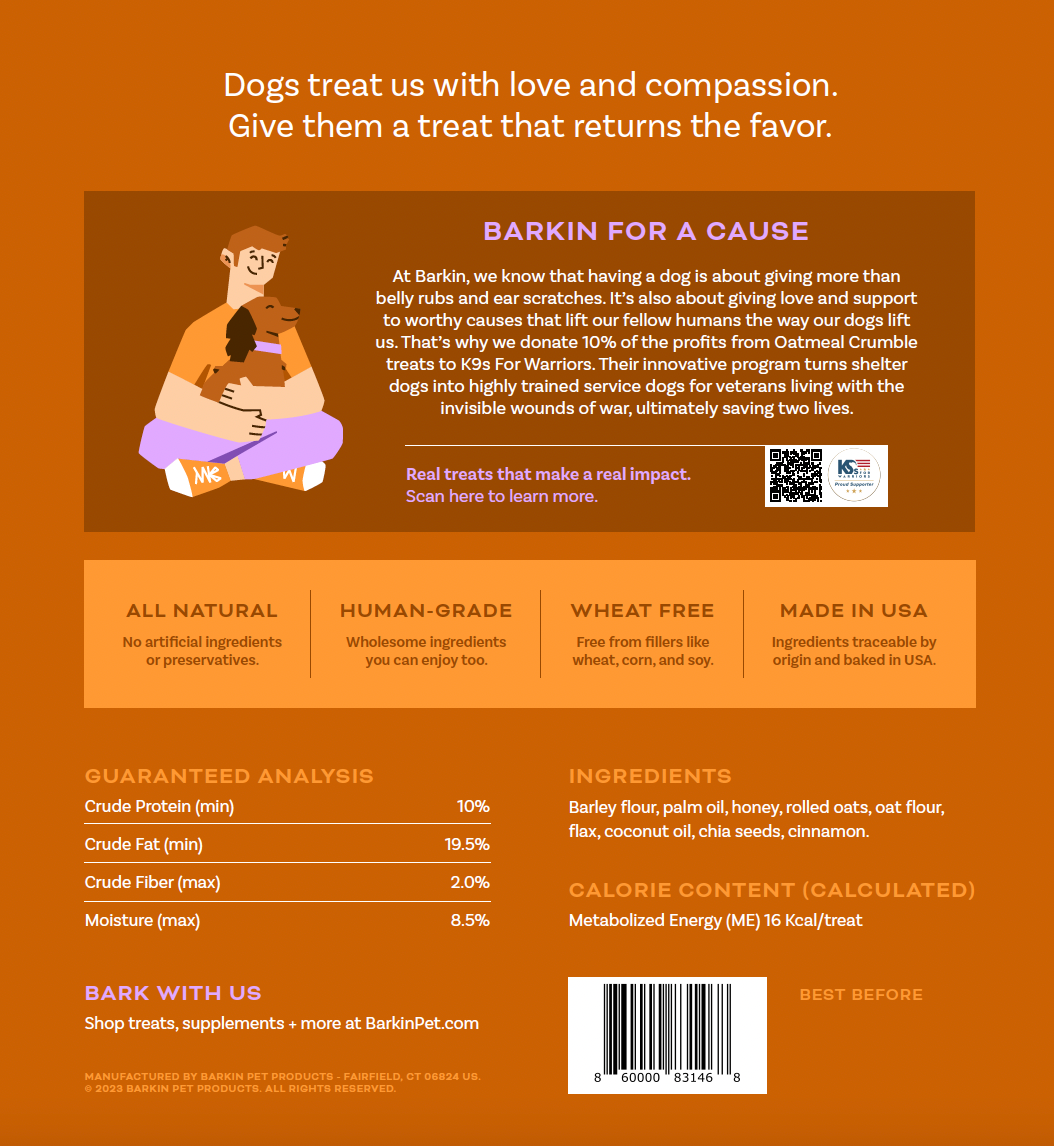 BARKIN - OATMEAL CRUMBLE SOFT & CHEWY DOG TREAT