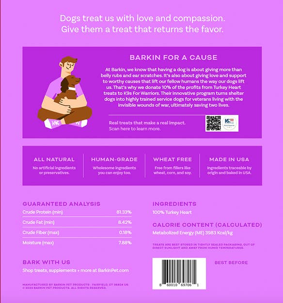 BARKIN - FREEZE DRIED TURKEY HEART SINGLE INGREDIENT DOG TREATS