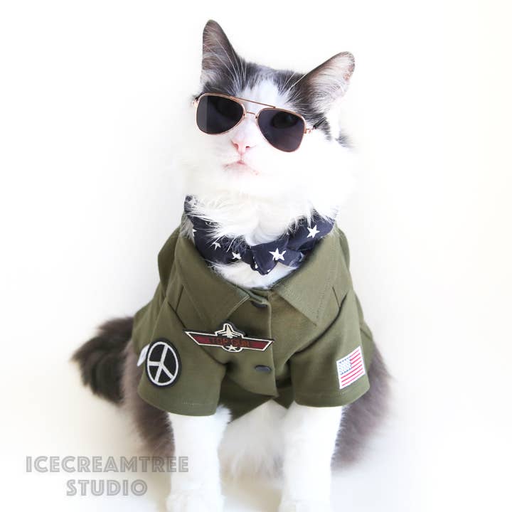 Icecreamtree Studio - Top Gun Look Outfit Pilot Shirt, Scarf Set - Dog Cat Costume: Small