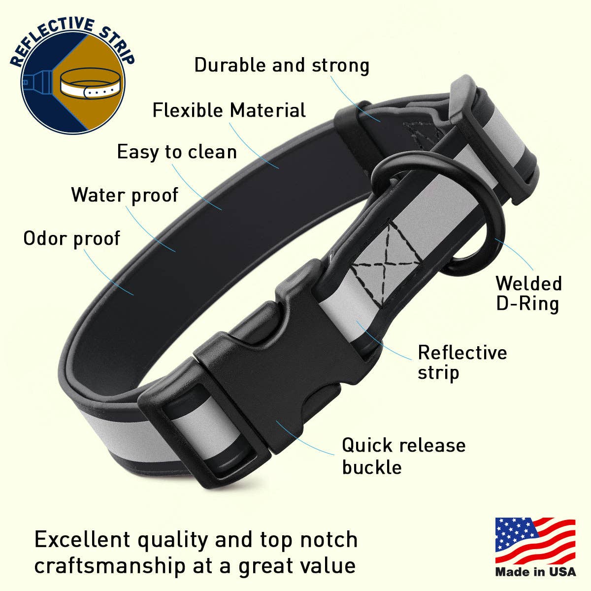 Dogline - Dogline Biothane Reflective Dog Collar with Quick Release: Black / 12"-19" / 3/4"