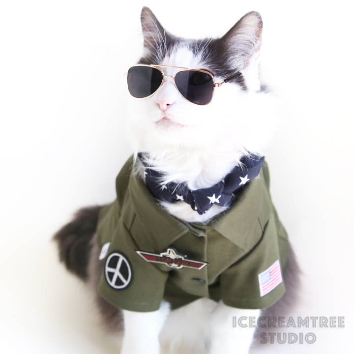 Icecreamtree Studio - Top Gun Look Outfit Pilot Shirt, Scarf Set - Dog Cat Costume: XSmall