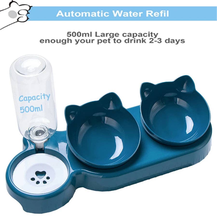 YIKELEATHER - Triple Cat Bowls Pet Feeder, 2-in-1 Double Bowls with Automatic Drinking Bottle, Tilted and Rotatable Design for Cats and Dogs: Deep Blue / M