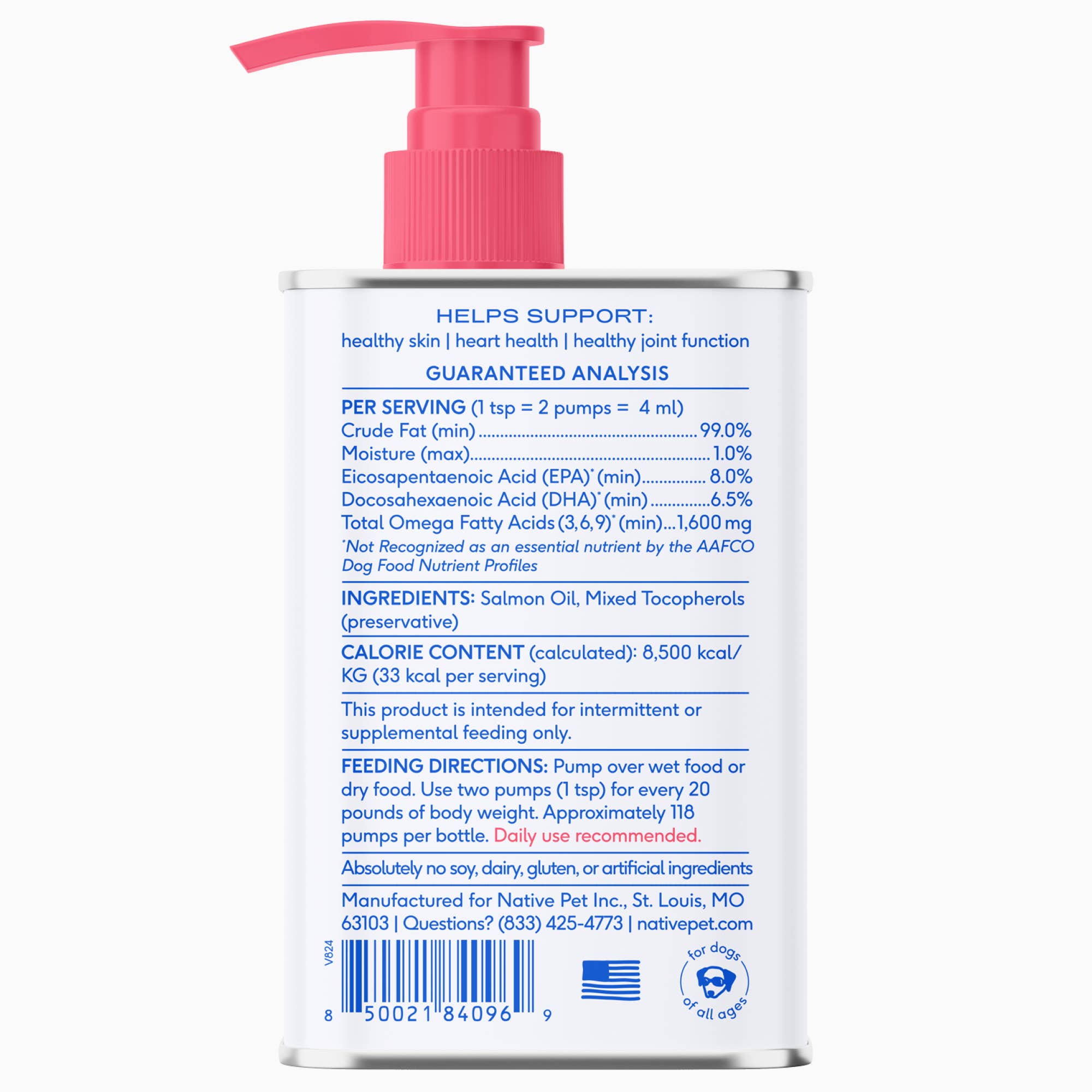 Native Pet - Wild-Caught Alaskan Sockeye Salmon Oil, Skin & Coat Health: 8 oz