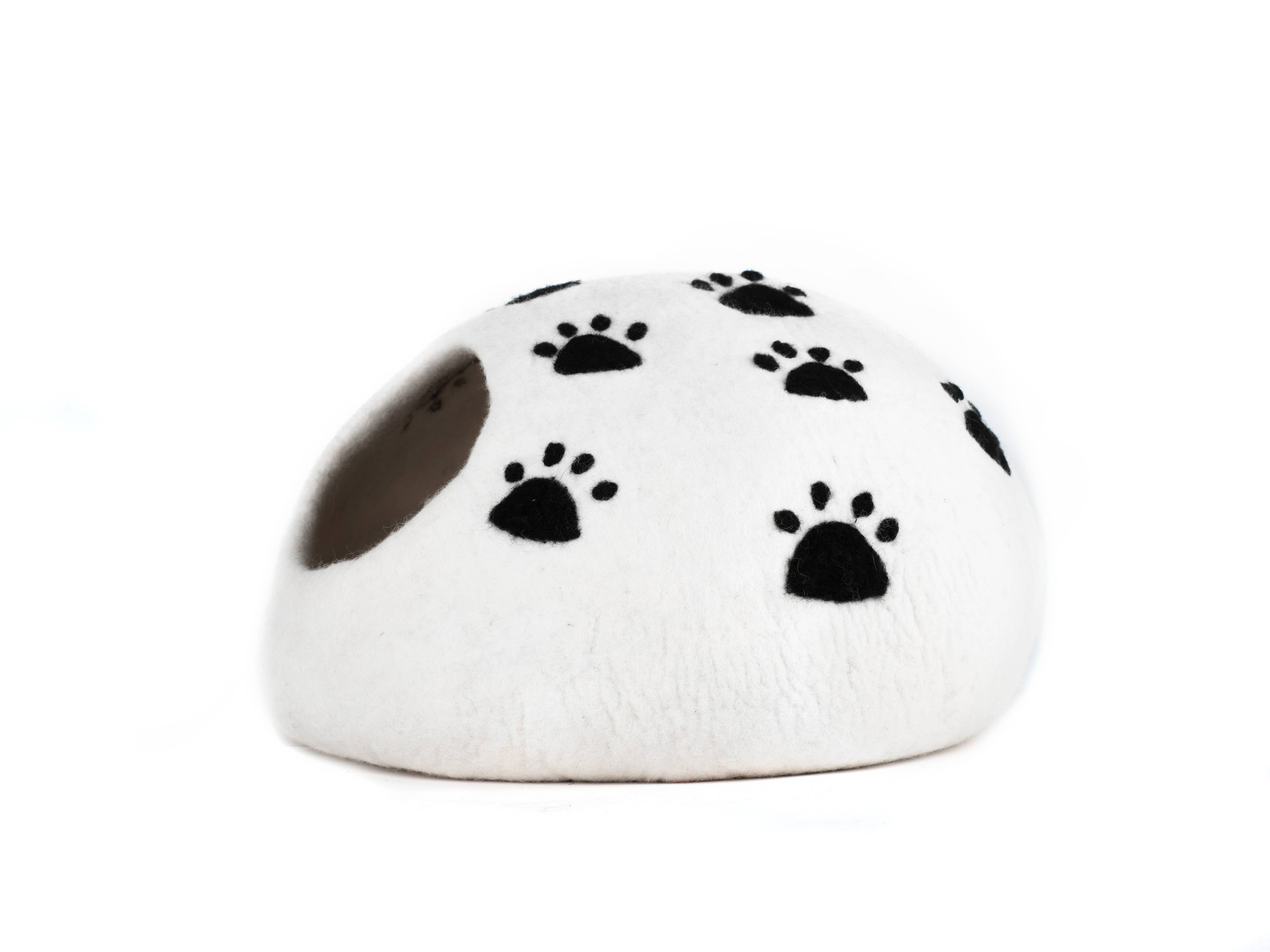 Paws Design Felt Cat Cave - Natural Felt Wool Cat Bed: Charcoal Paws on White