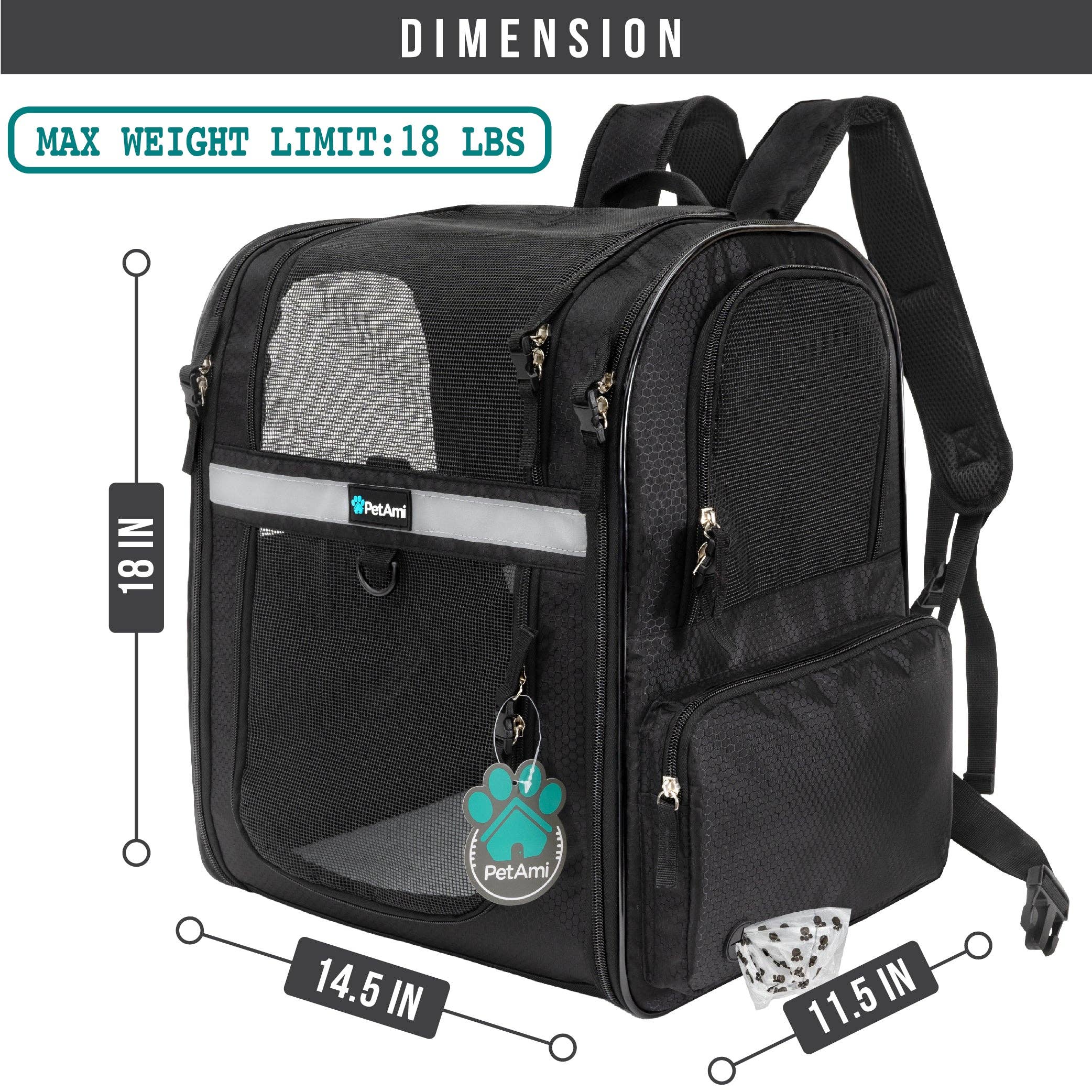 PetAmi - Ultimate 4 Way Entry Pet Carrier Backpack: Black / One Size - 14.5" x 11.5" x 18" (LxWxH)