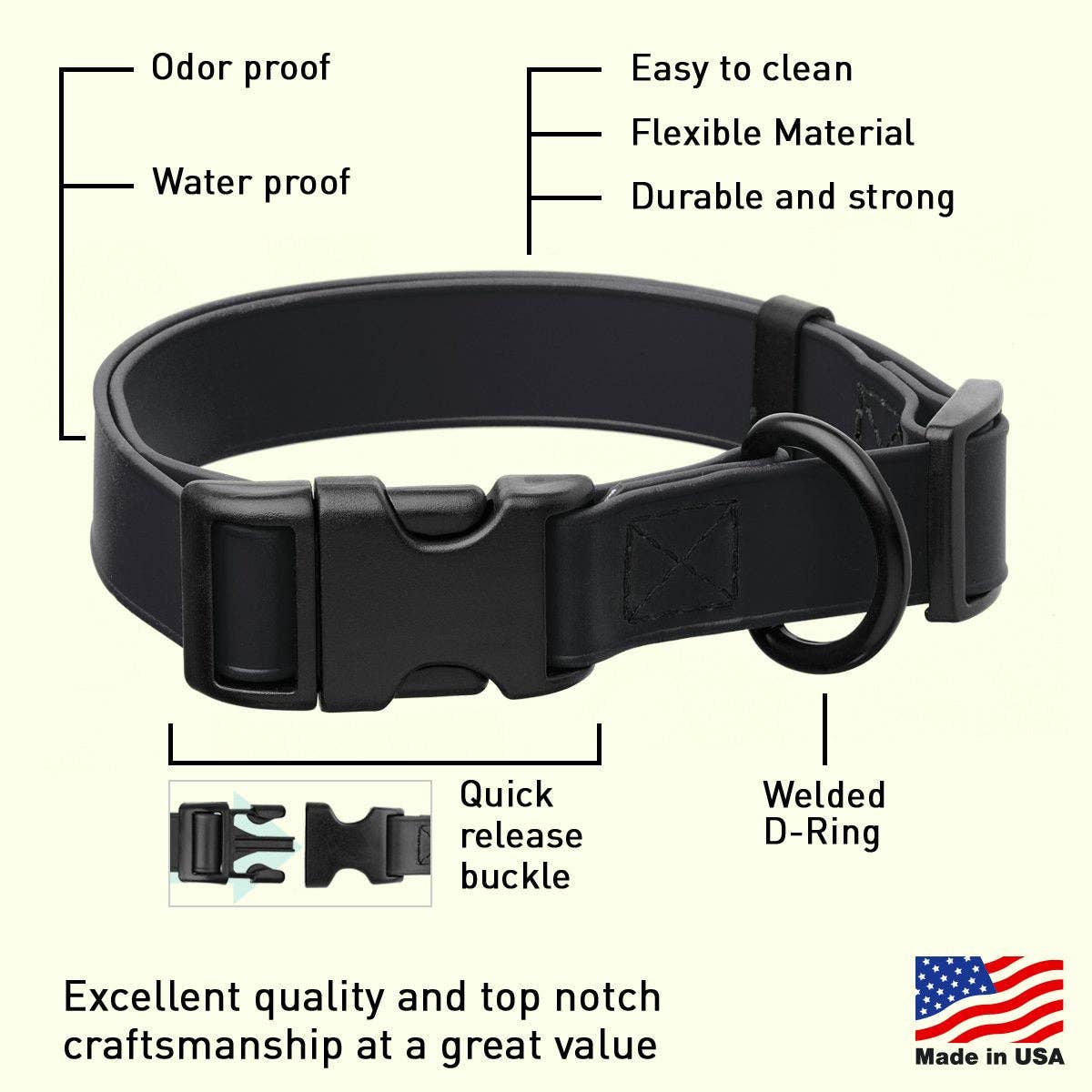 Dogline - Dogline Biothane Dog Collar with Quick Release: 1"W by 15-23"L / Black