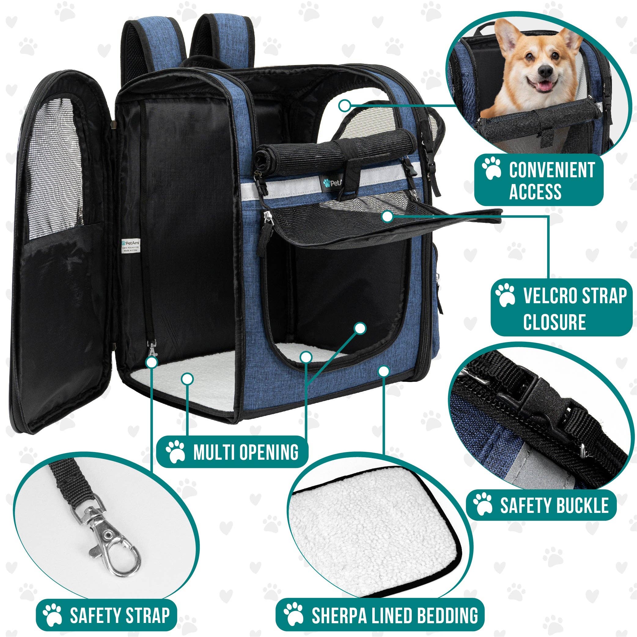 PetAmi - Ultimate 4 Way Entry Pet Carrier Backpack: Black / One Size - 14.5" x 11.5" x 18" (LxWxH)