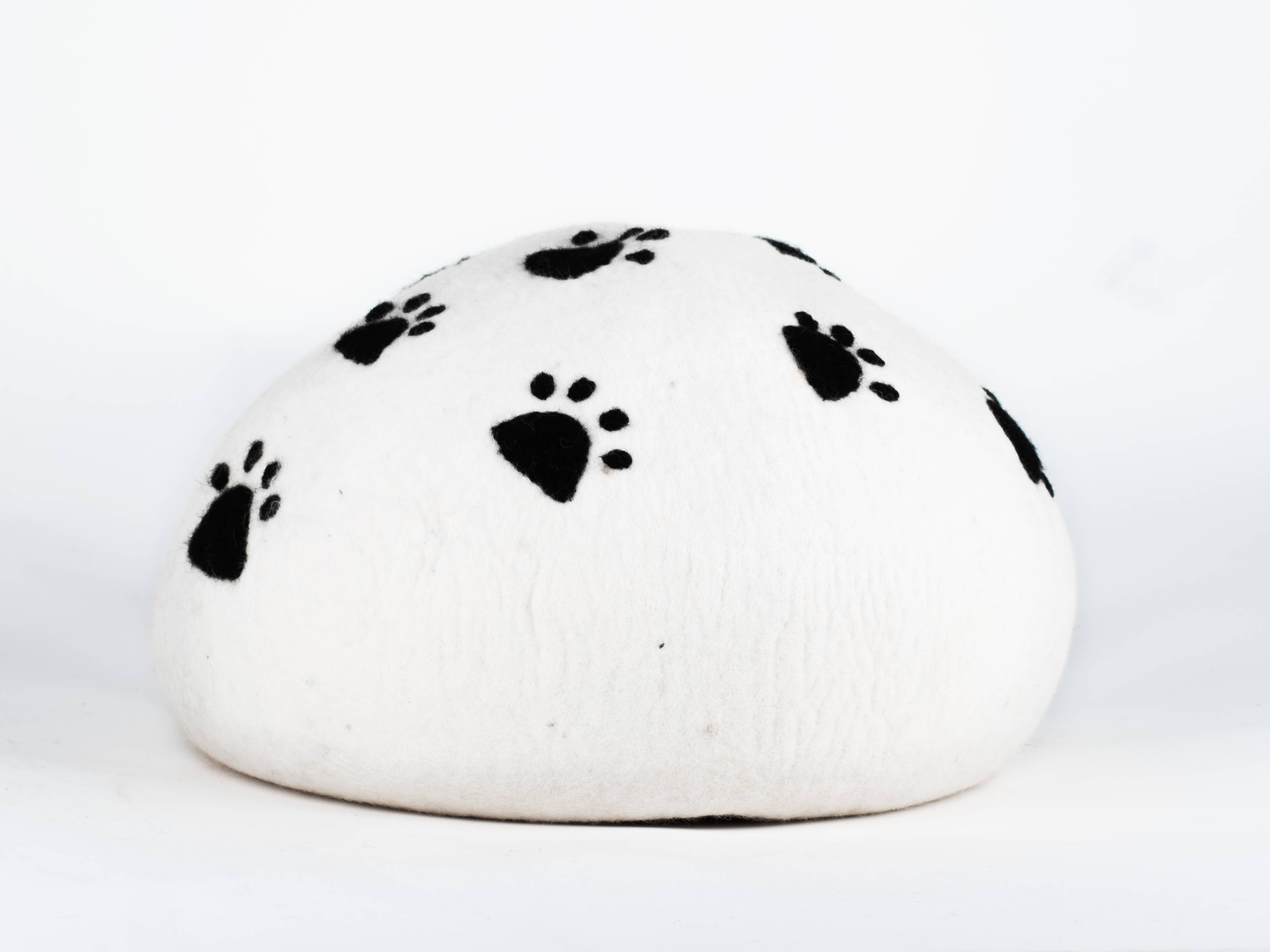 Paws Design Felt Cat Cave - Natural Felt Wool Cat Bed: White Paws on Charcoal
