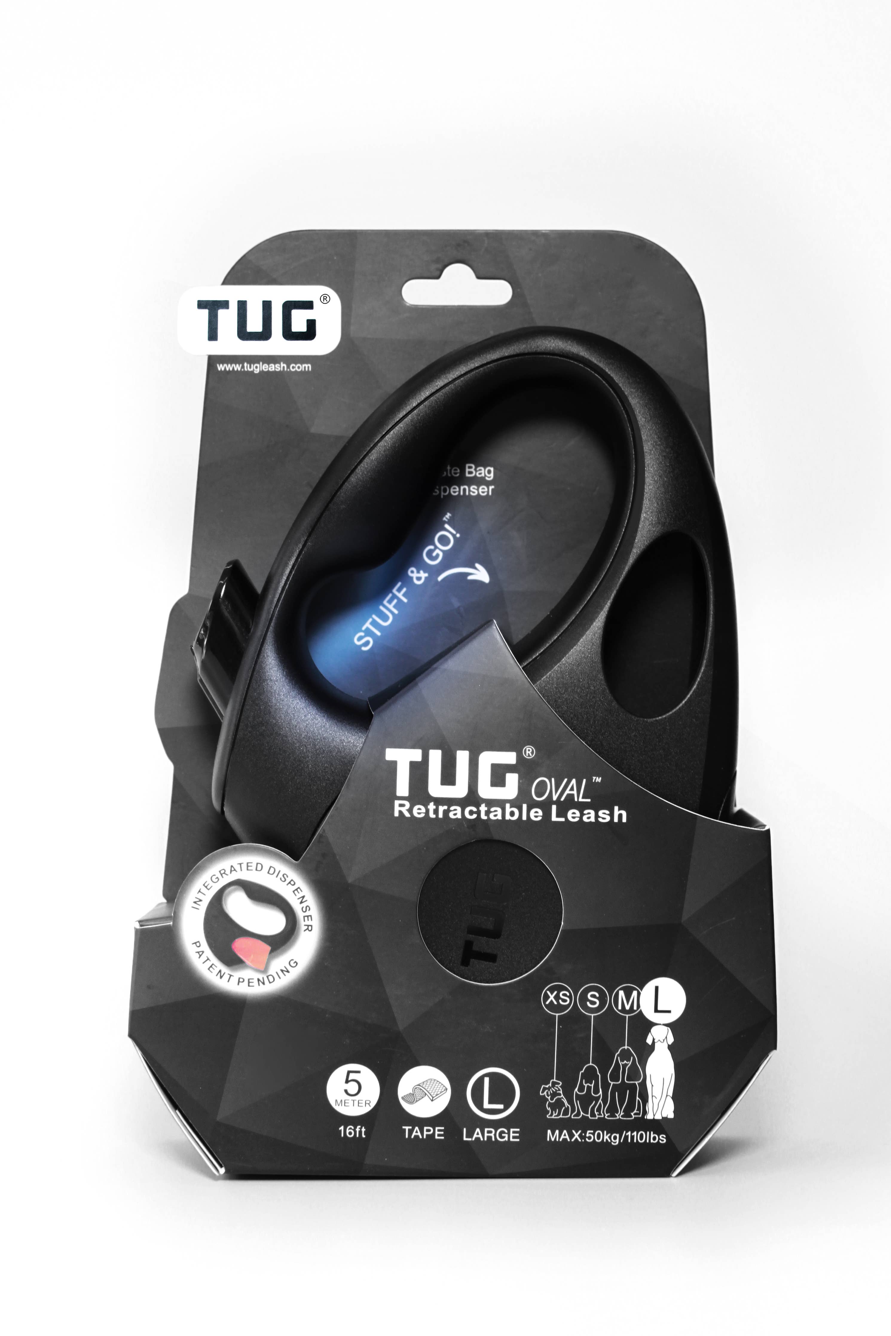 Tug Pet Products - TUG Retractable Dog Leash with Integrated Dispenser: Black / Large