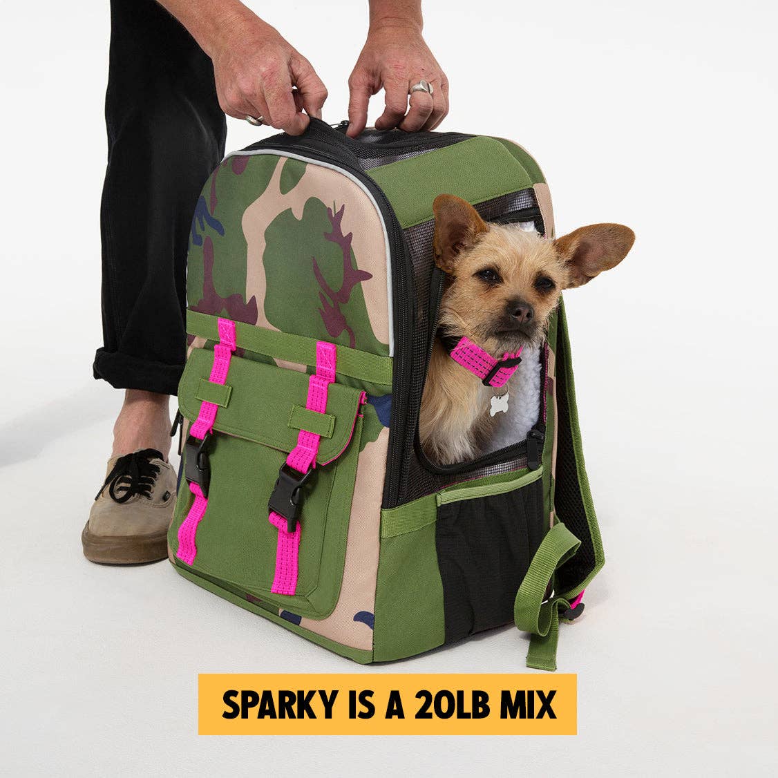 ROVERLUND - READY-FOR-ADVENTURE PET BACKPACK: CAMO / ORANGE - UP TO 25LBS