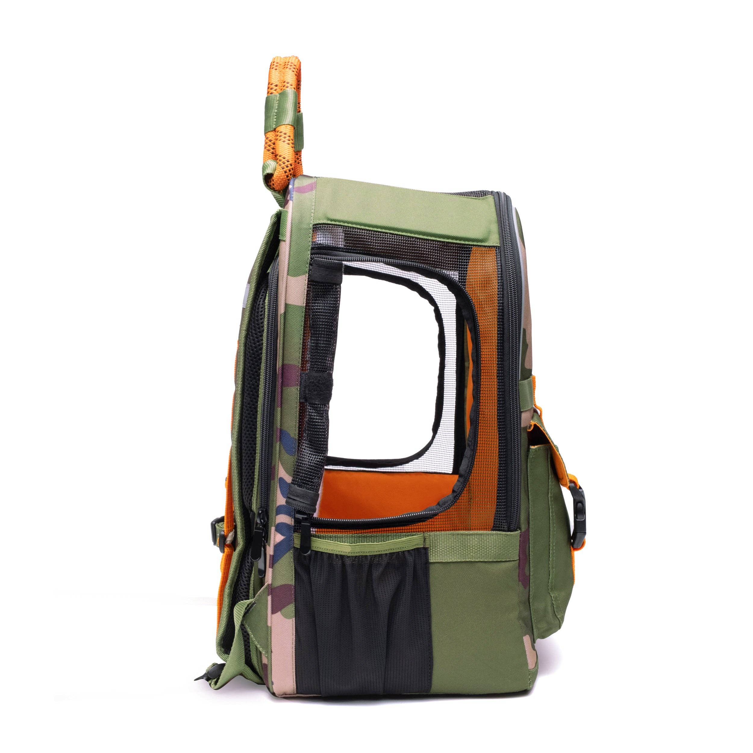 ROVERLUND - READY-FOR-ADVENTURE PET BACKPACK: CAMO / ORANGE - UP TO 25LBS