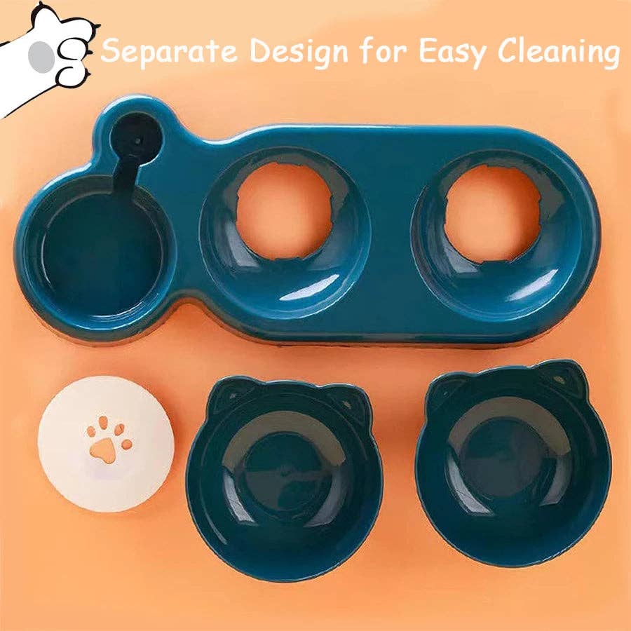 YIKELEATHER - Triple Cat Bowls Pet Feeder, 2-in-1 Double Bowls with Automatic Drinking Bottle, Tilted and Rotatable Design for Cats and Dogs: Deep Blue / M