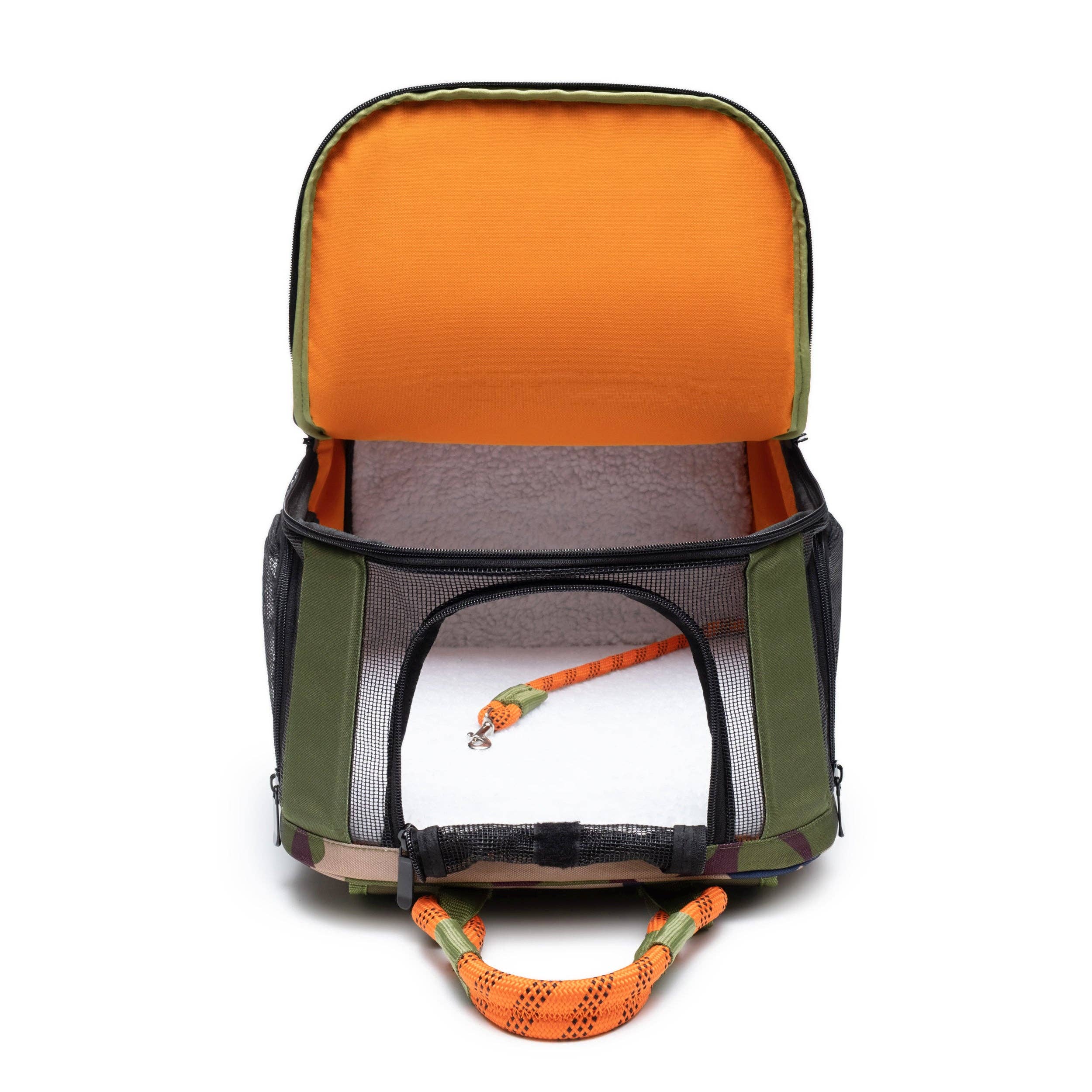 ROVERLUND - READY-FOR-ADVENTURE PET BACKPACK: CAMO / ORANGE - UP TO 25LBS