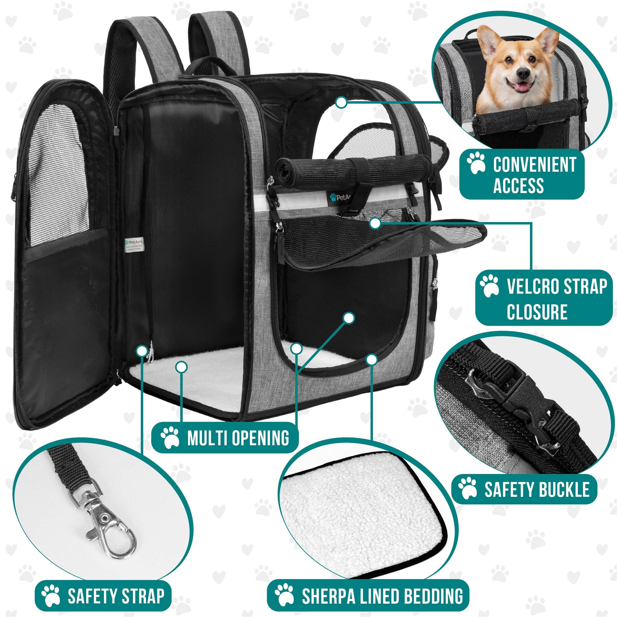 PetAmi - Ultimate 4 Way Entry Pet Carrier Backpack: Black / One Size - 14.5" x 11.5" x 18" (LxWxH)