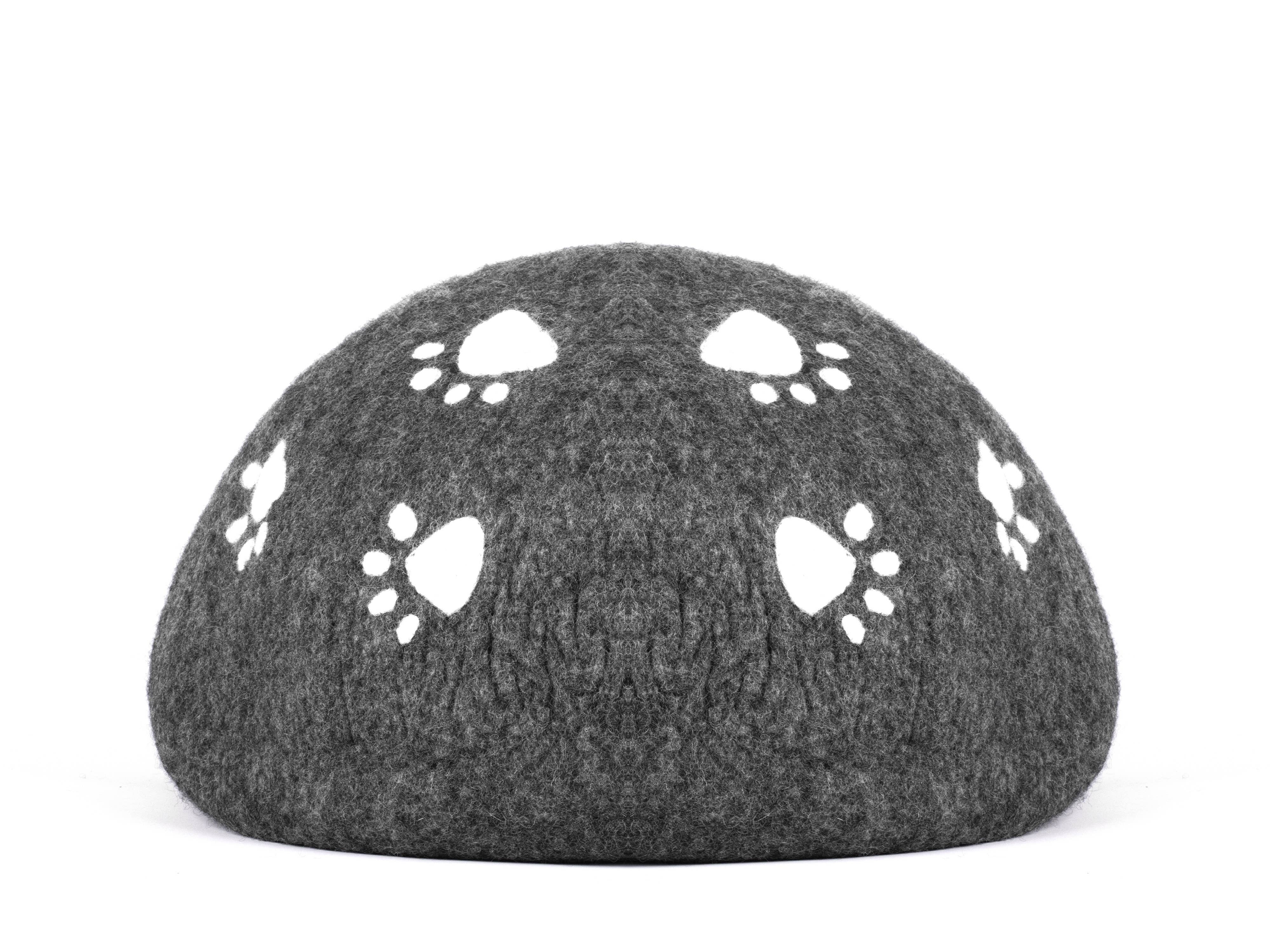 Paws Design Felt Cat Cave - Natural Felt Wool Cat Bed: Charcoal Paws on White