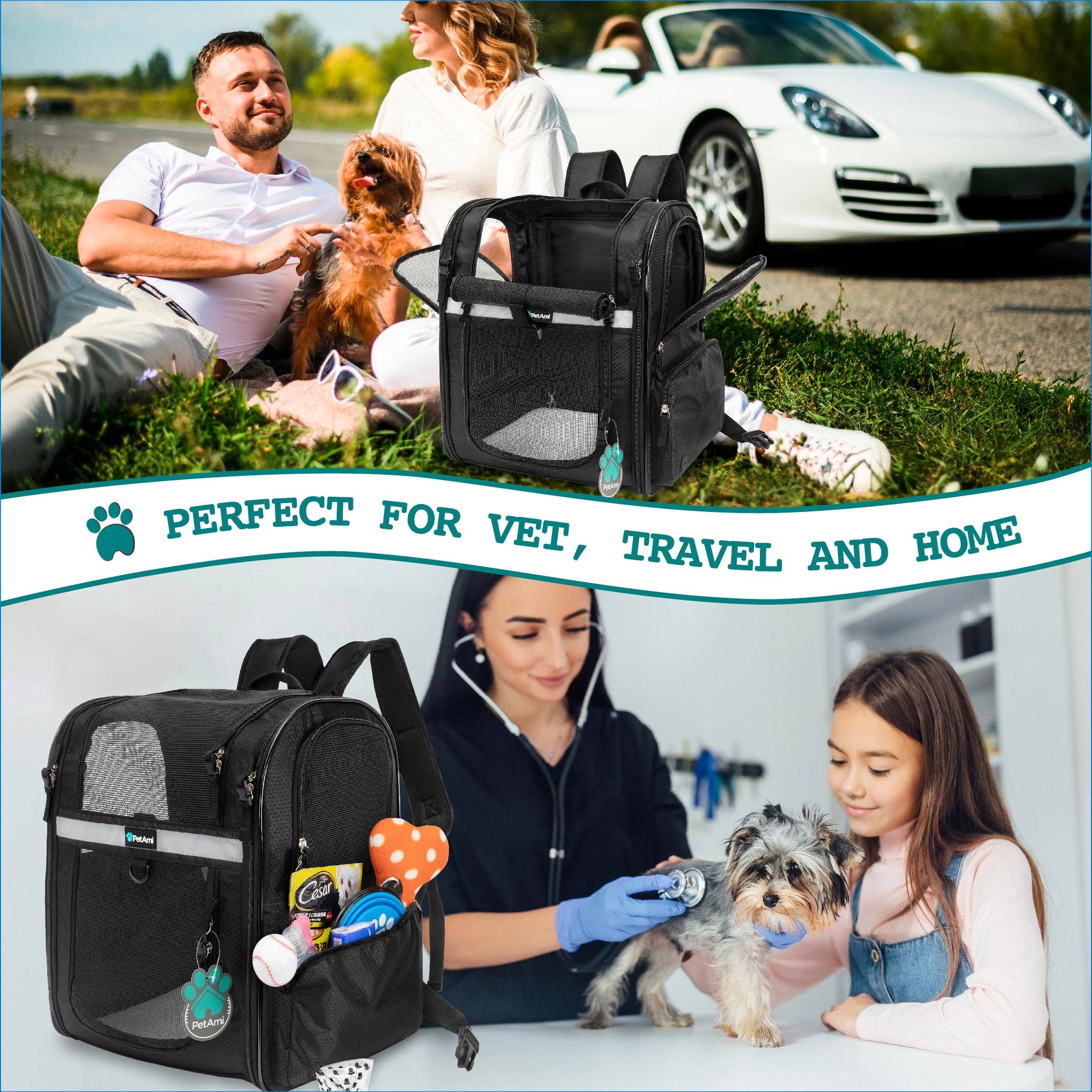 PetAmi - Ultimate 4 Way Entry Pet Carrier Backpack: Black / One Size - 14.5" x 11.5" x 18" (LxWxH)