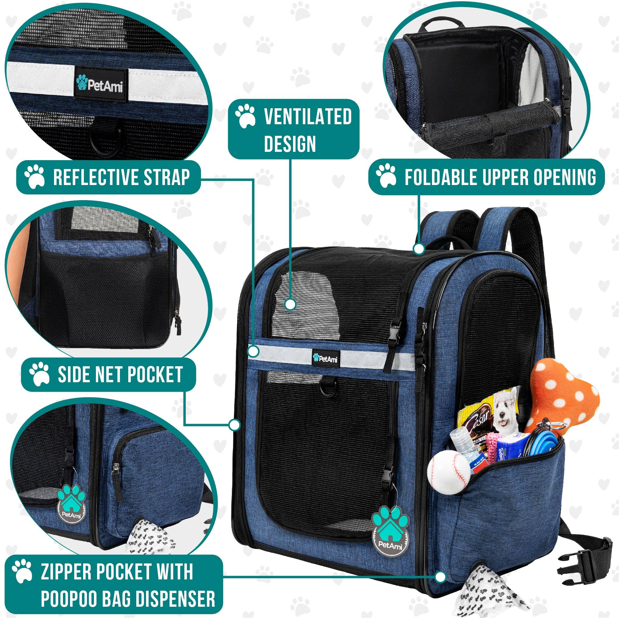 PetAmi - Ultimate 4 Way Entry Pet Carrier Backpack: Black / One Size - 14.5" x 11.5" x 18" (LxWxH)