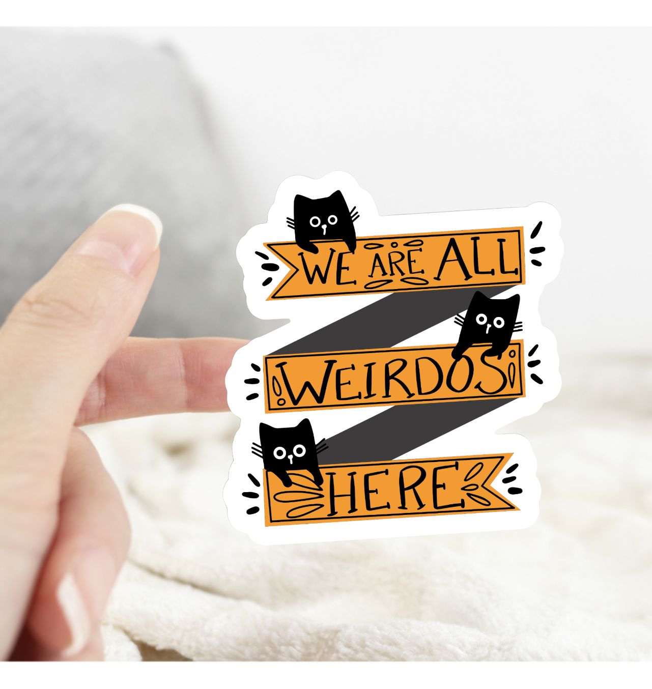 Cat We Are All Weirdos Here Sticker: White Background