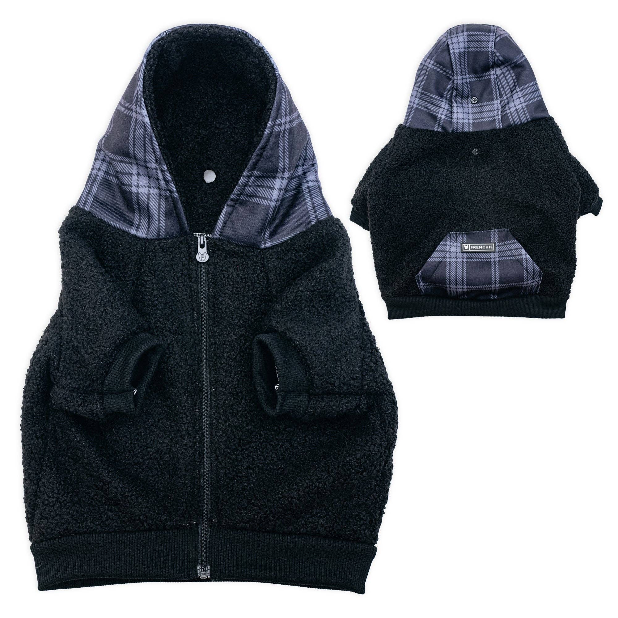 Frenchie - Frenchie Dog Hoodie - Black Plaid: XXL