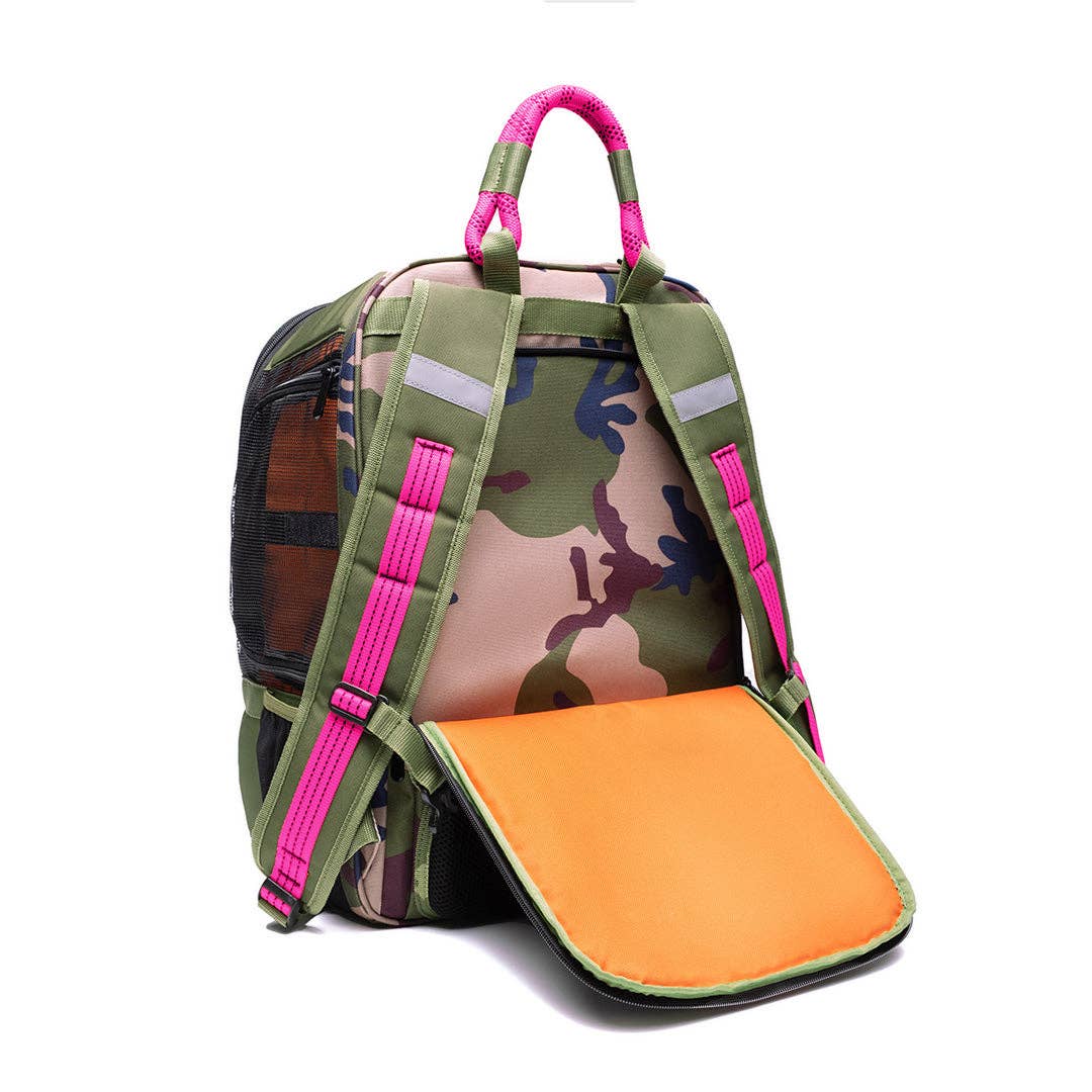 ROVERLUND - READY-FOR-ADVENTURE PET BACKPACK: CAMO / MAGENTA - UP TO 25LBS