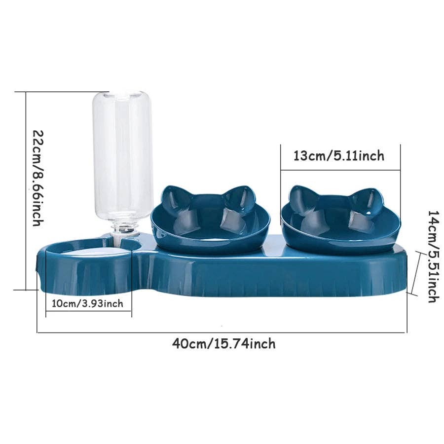 YIKELEATHER - Triple Cat Bowls Pet Feeder, 2-in-1 Double Bowls with Automatic Drinking Bottle, Tilted and Rotatable Design for Cats and Dogs: Deep Blue / M