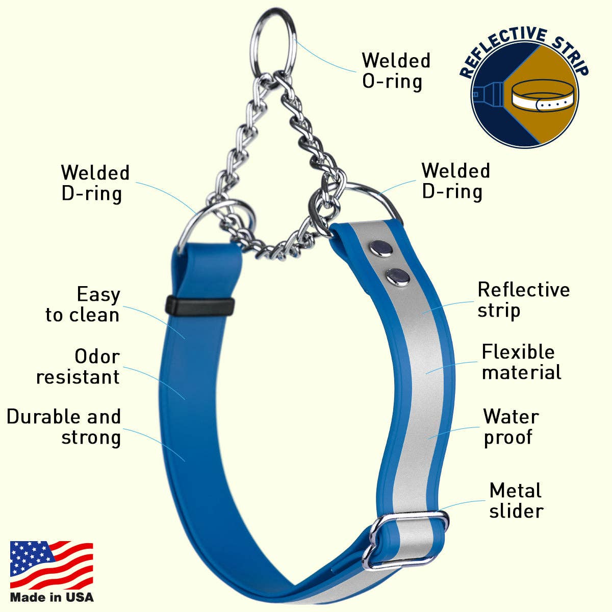 Dogline - Reflective Biothane Martingale Collar: Black / 11"-15" / 3/4"