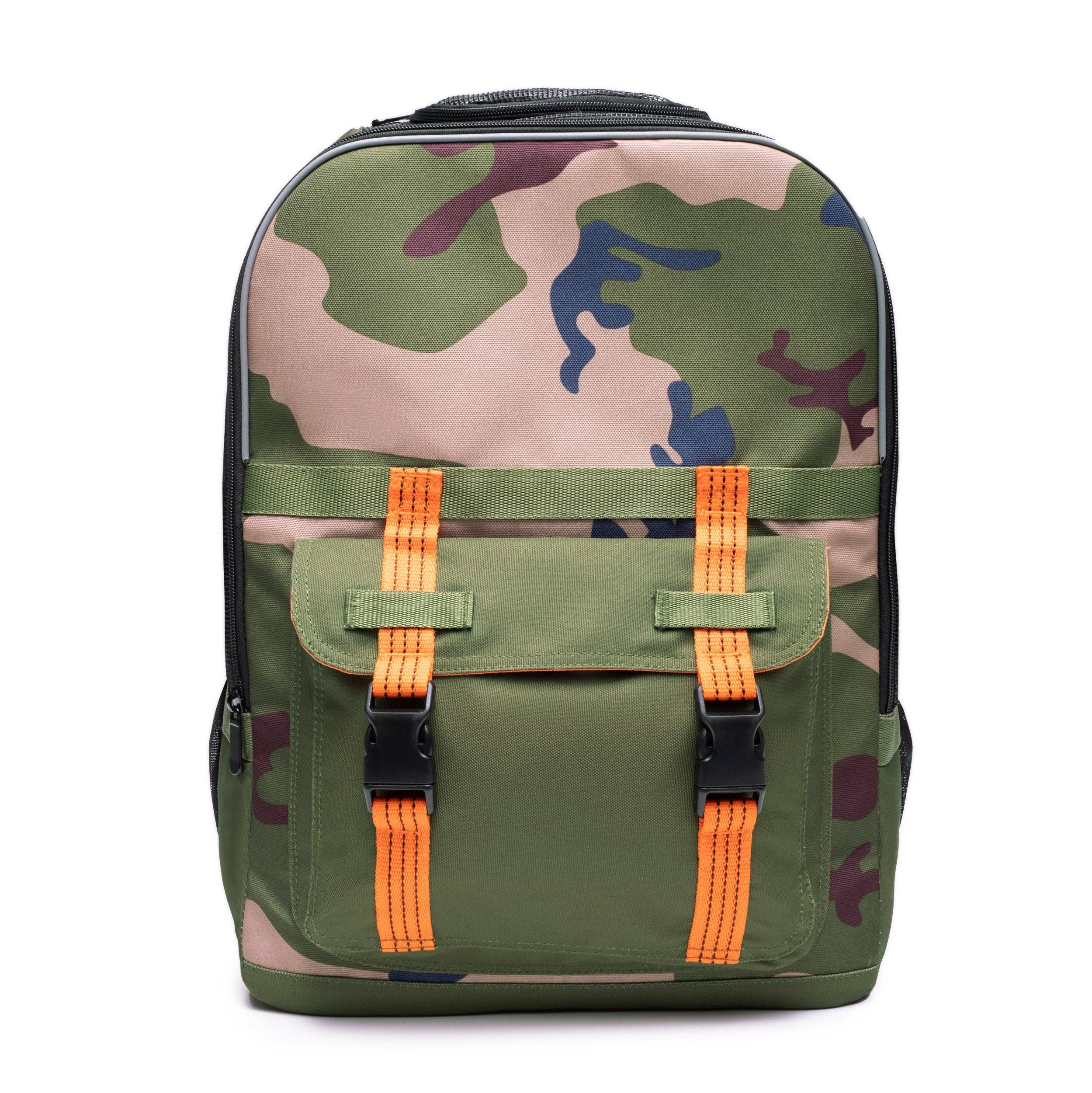ROVERLUND - READY-FOR-ADVENTURE PET BACKPACK: CAMO / ORANGE - UP TO 25LBS