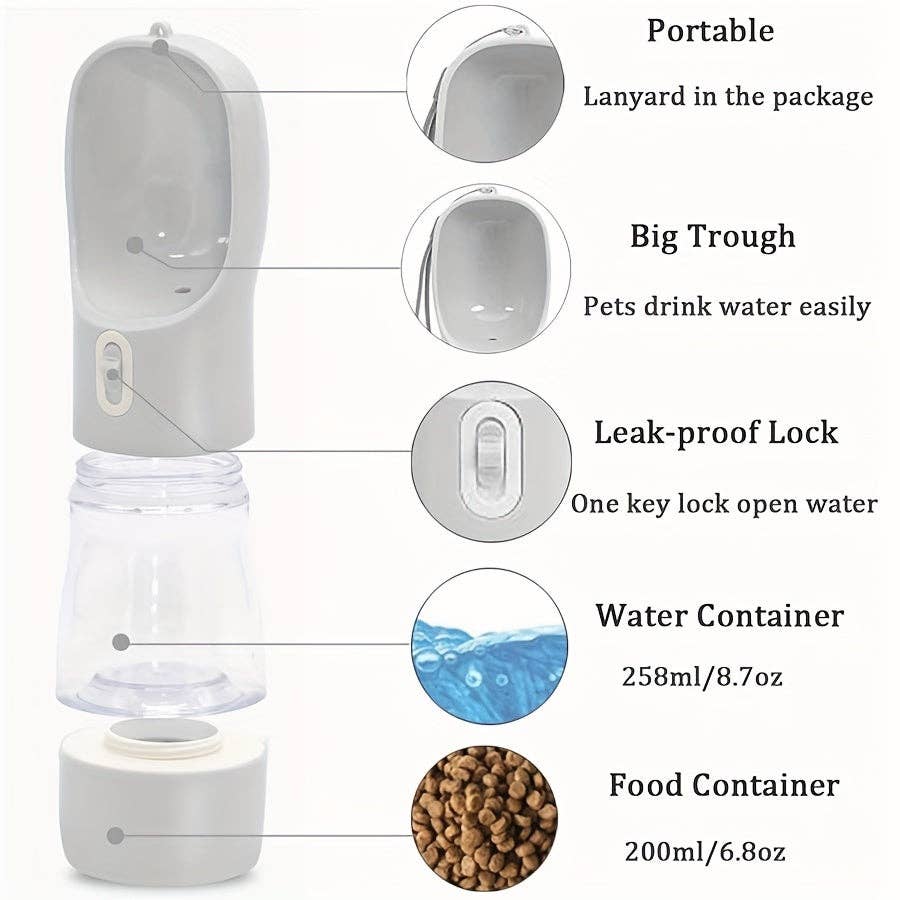 Portable Dog Water Bottle with Food Storage - Leakproof Pet Hydration Dispenser for Walks & Travel Dog Water Dispenser Dog Water Bottle Travel: Grey