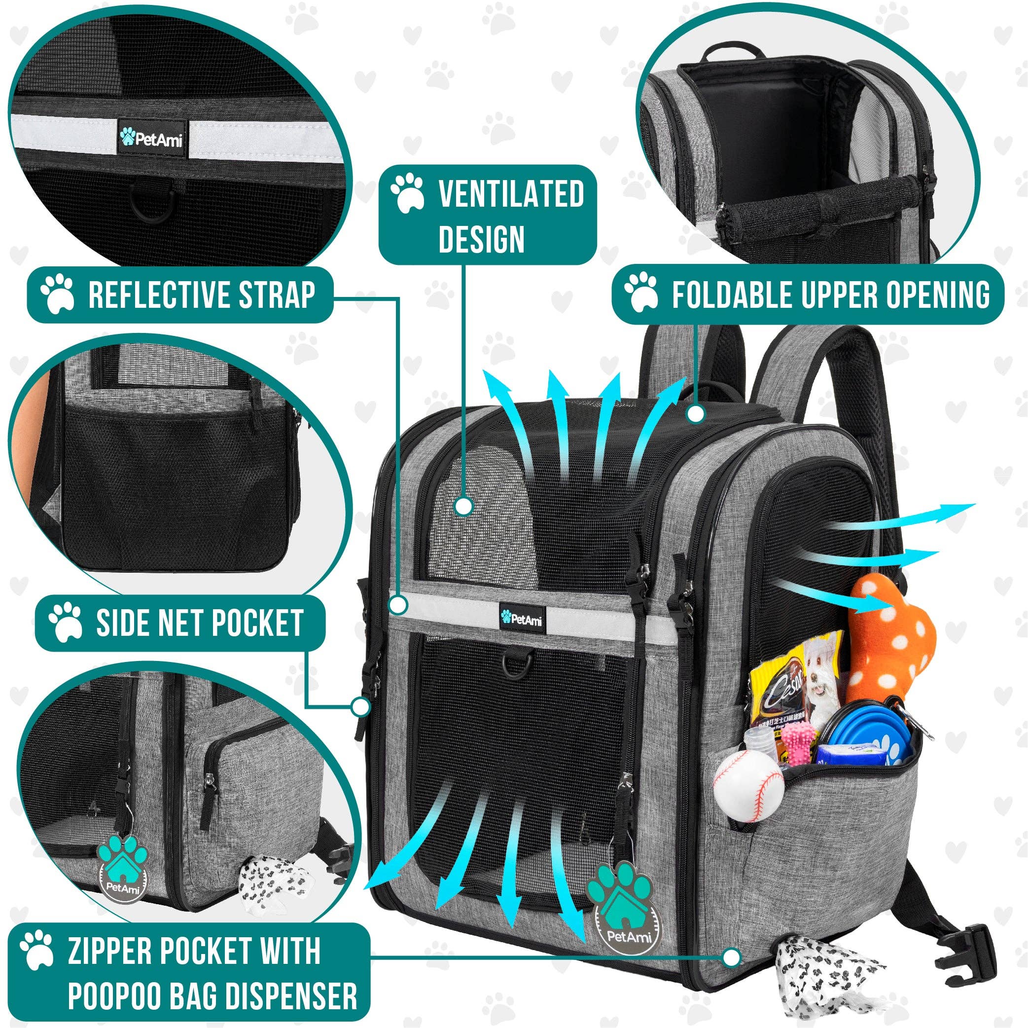 PetAmi - Ultimate 4 Way Entry Pet Carrier Backpack: Black / One Size - 14.5" x 11.5" x 18" (LxWxH)