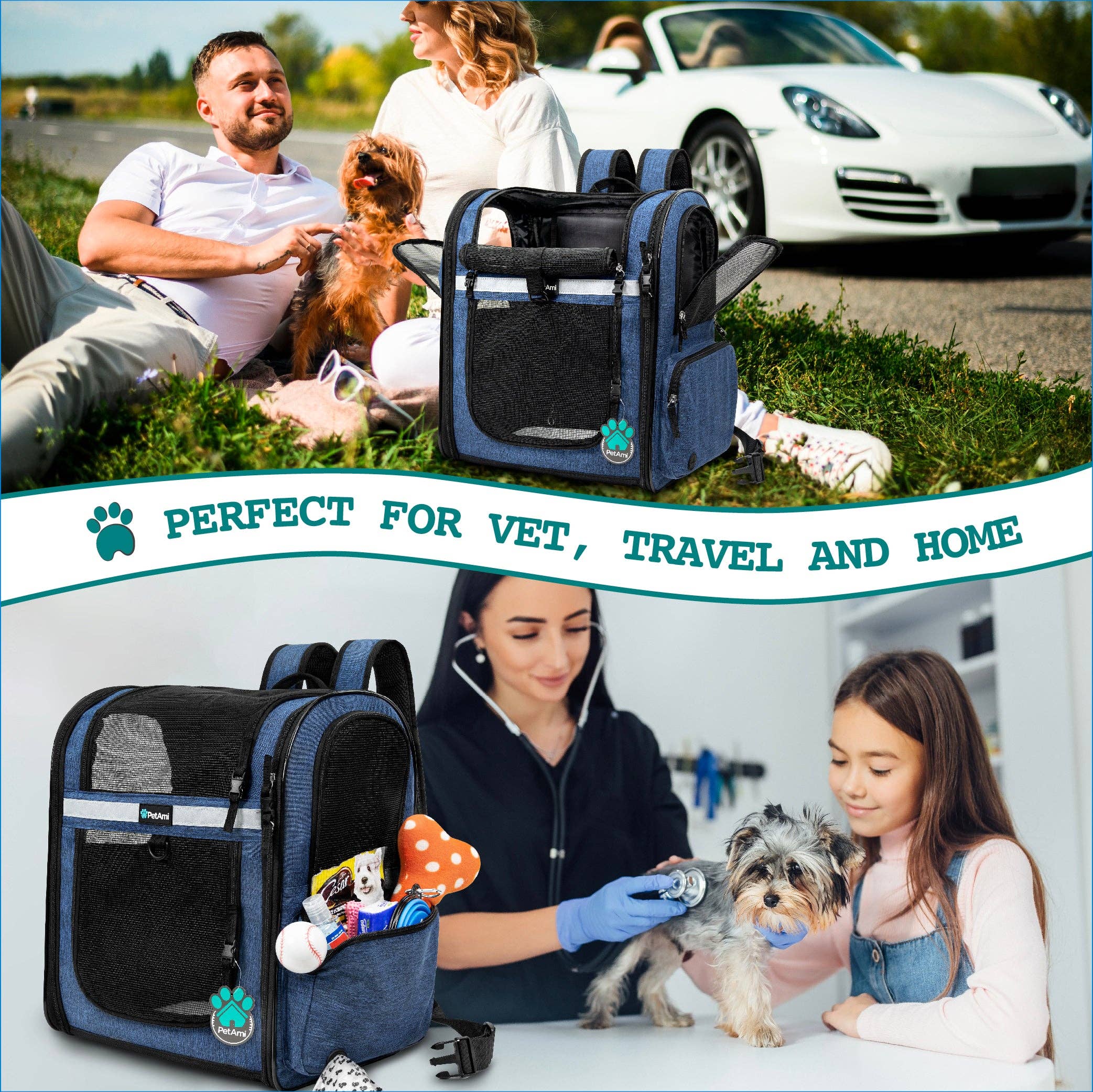PetAmi - Ultimate 4 Way Entry Pet Carrier Backpack: Black / One Size - 14.5" x 11.5" x 18" (LxWxH)
