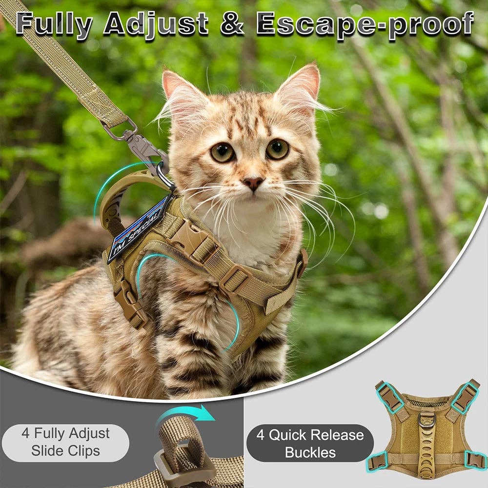 YIKELEATHER - Tactical Cat Harness For Walking Escape Proof Adjustable Pet Vest Harness Soft Mesh With Control Handle For Large Cat Small Dog: Brown harness