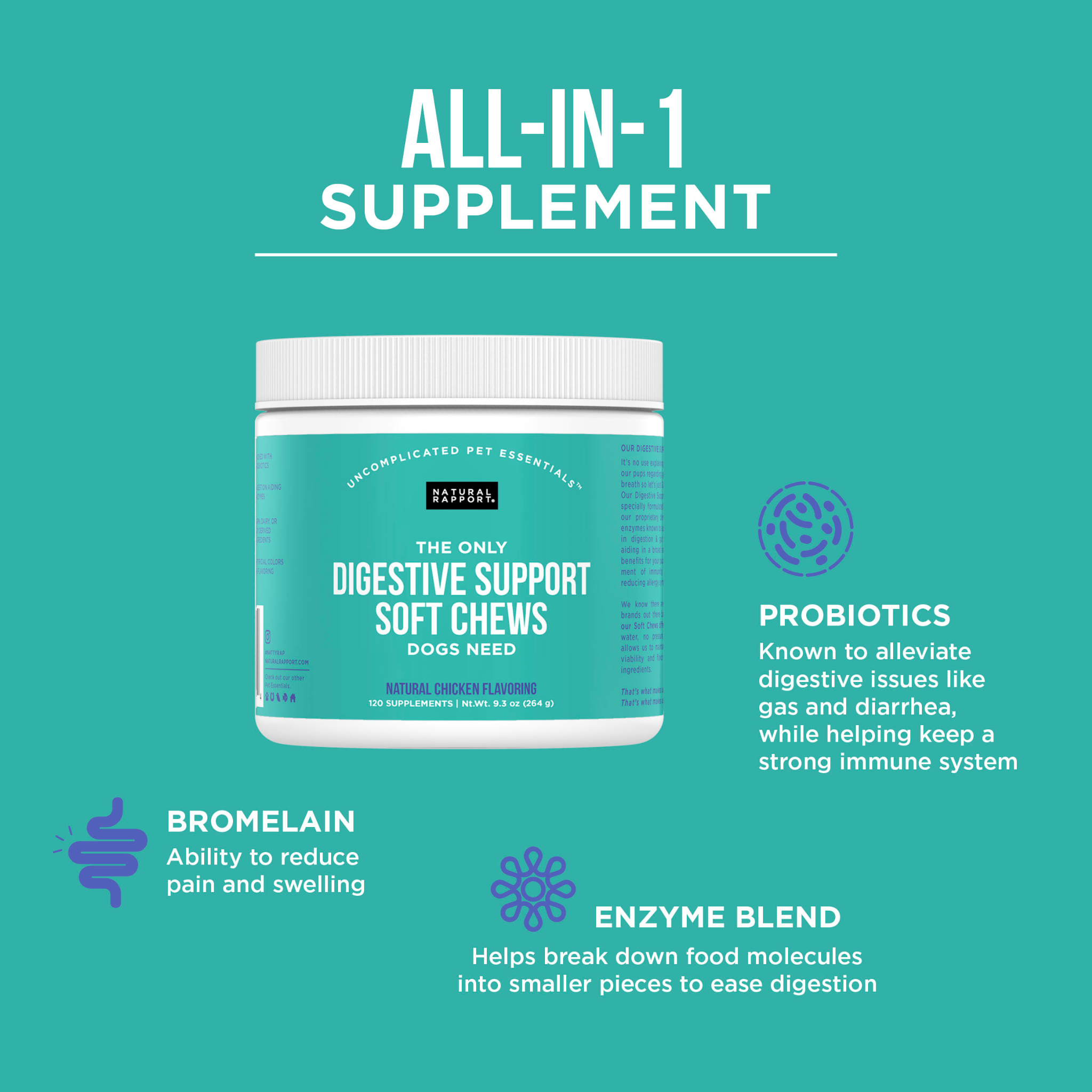 Natural Rapport - The Only Digestive Support Soft Chews Dogs Need: 120 count jar