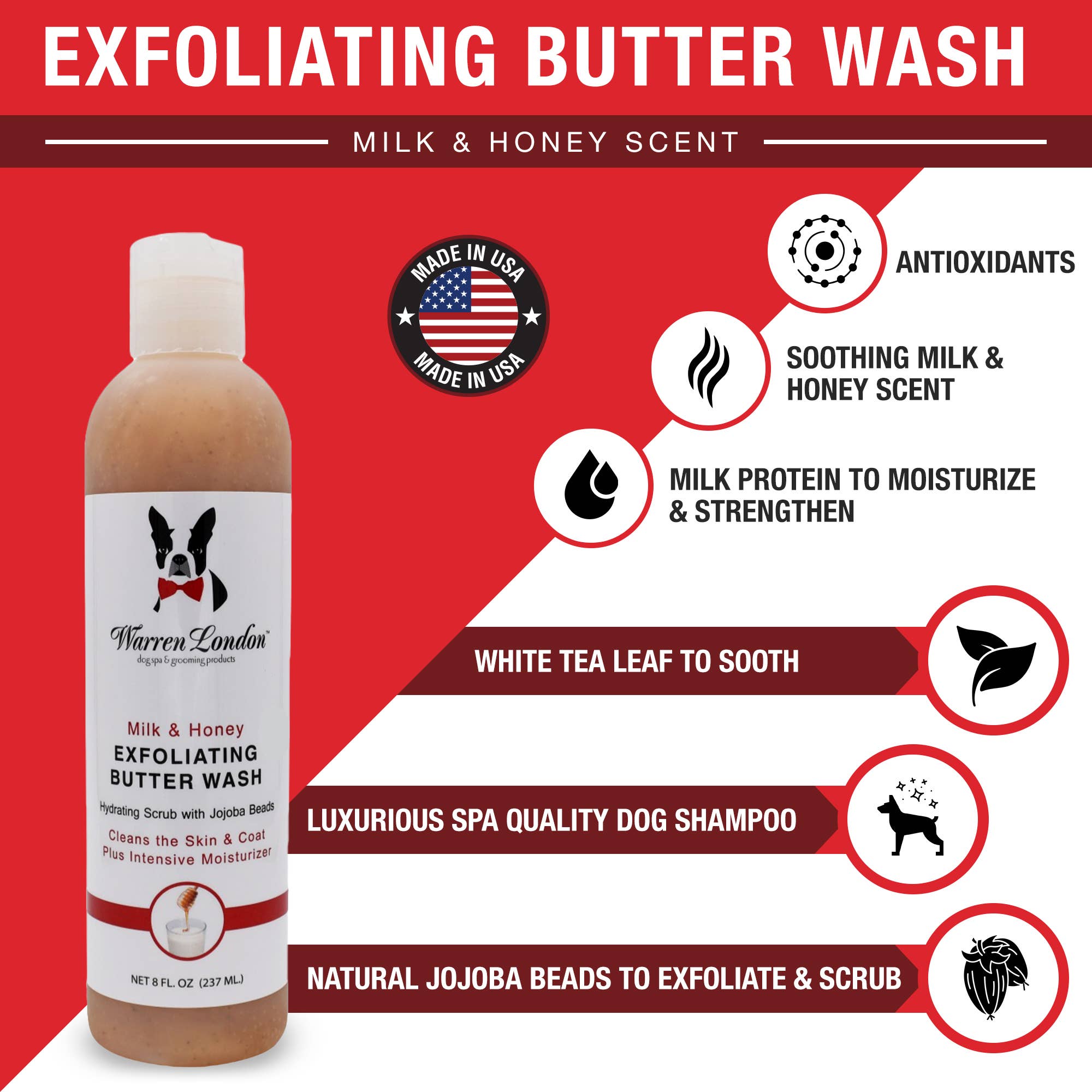 Warren London Dog Products - Exfoliating Butter Wash Dog Shampoo - 2 Scents - 2 Sizes: Milk & Honey / 8oz