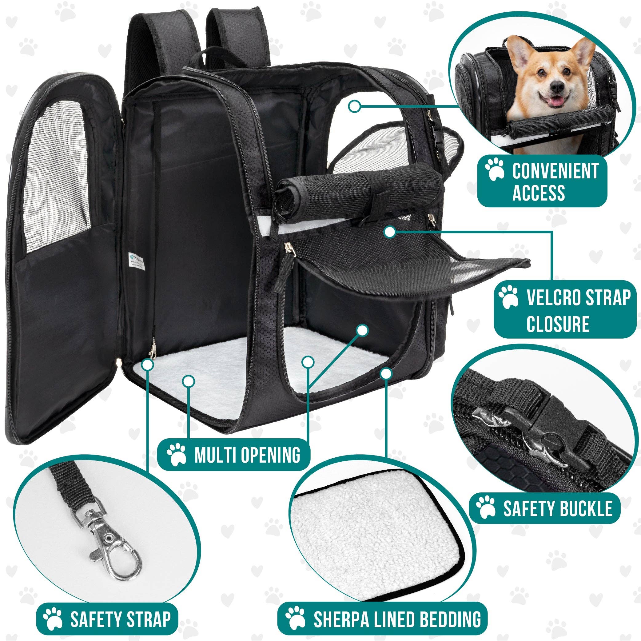 PetAmi - Ultimate 4 Way Entry Pet Carrier Backpack: Black / One Size - 14.5" x 11.5" x 18" (LxWxH)