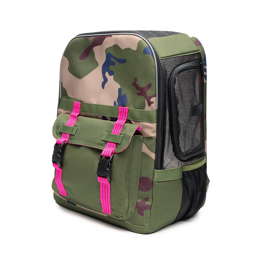 ROVERLUND - READY-FOR-ADVENTURE PET BACKPACK: CAMO / MAGENTA - UP TO 25LBS
