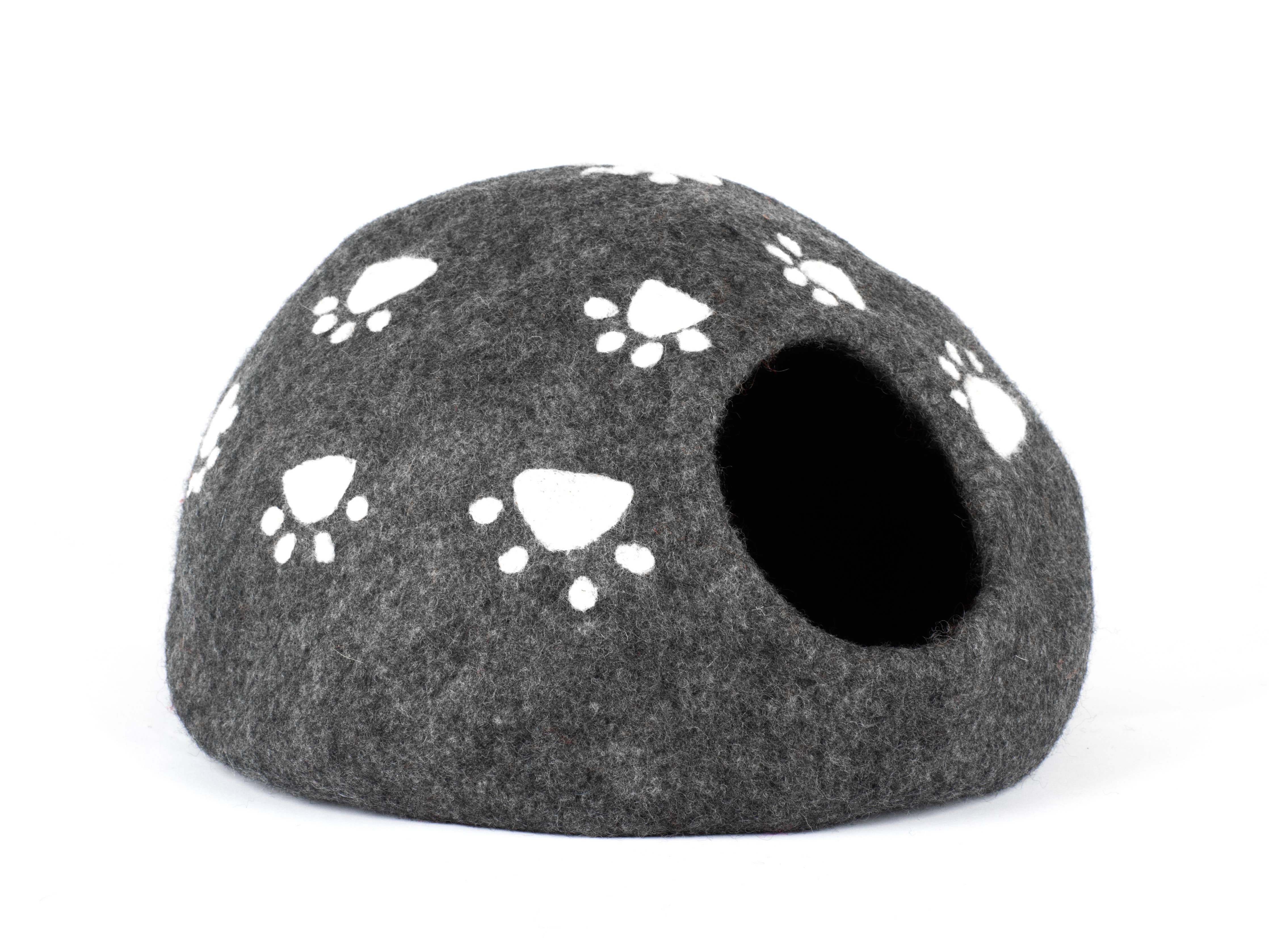 Paws Design Felt Cat Cave - Natural Felt Wool Cat Bed: Charcoal Paws on White