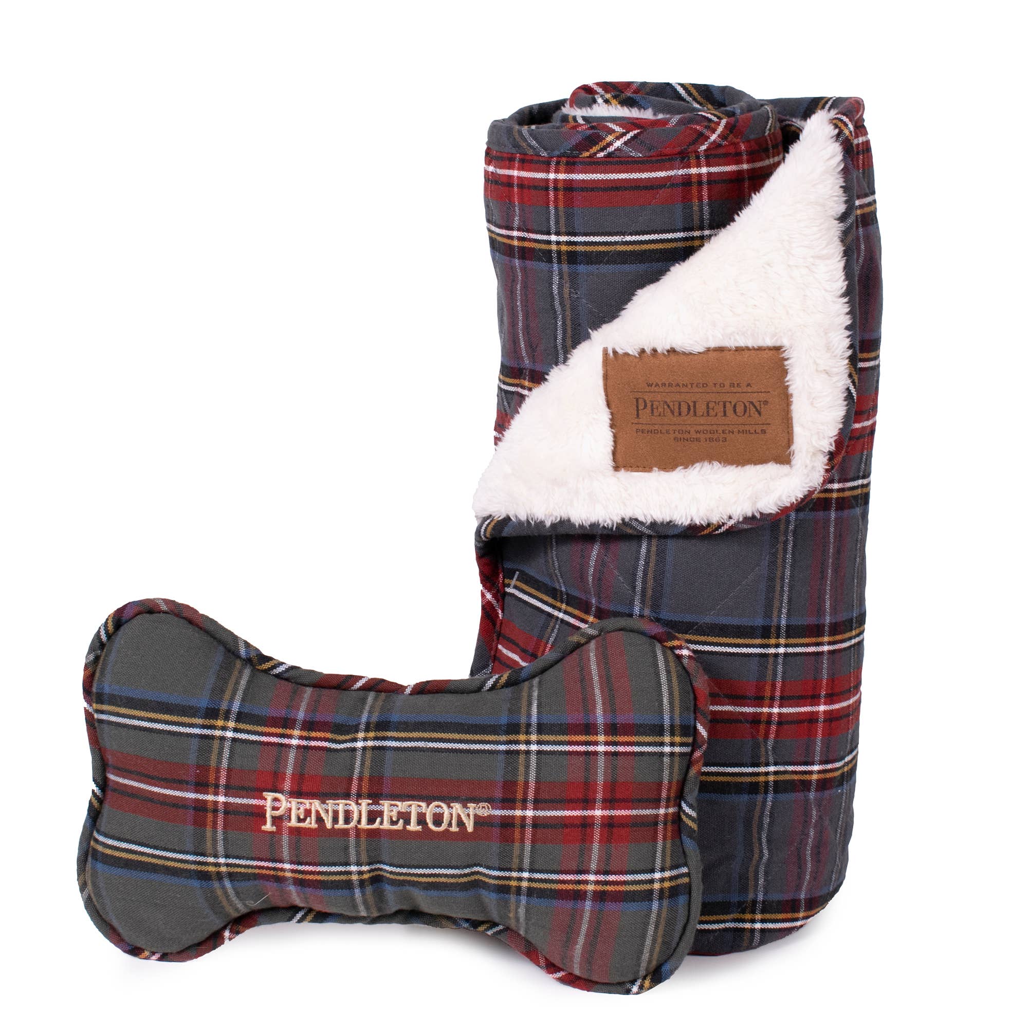 Pendleton Plaid Plush Throw and Bone Toy Set for Dogs: Charcoal Ombre Plaid