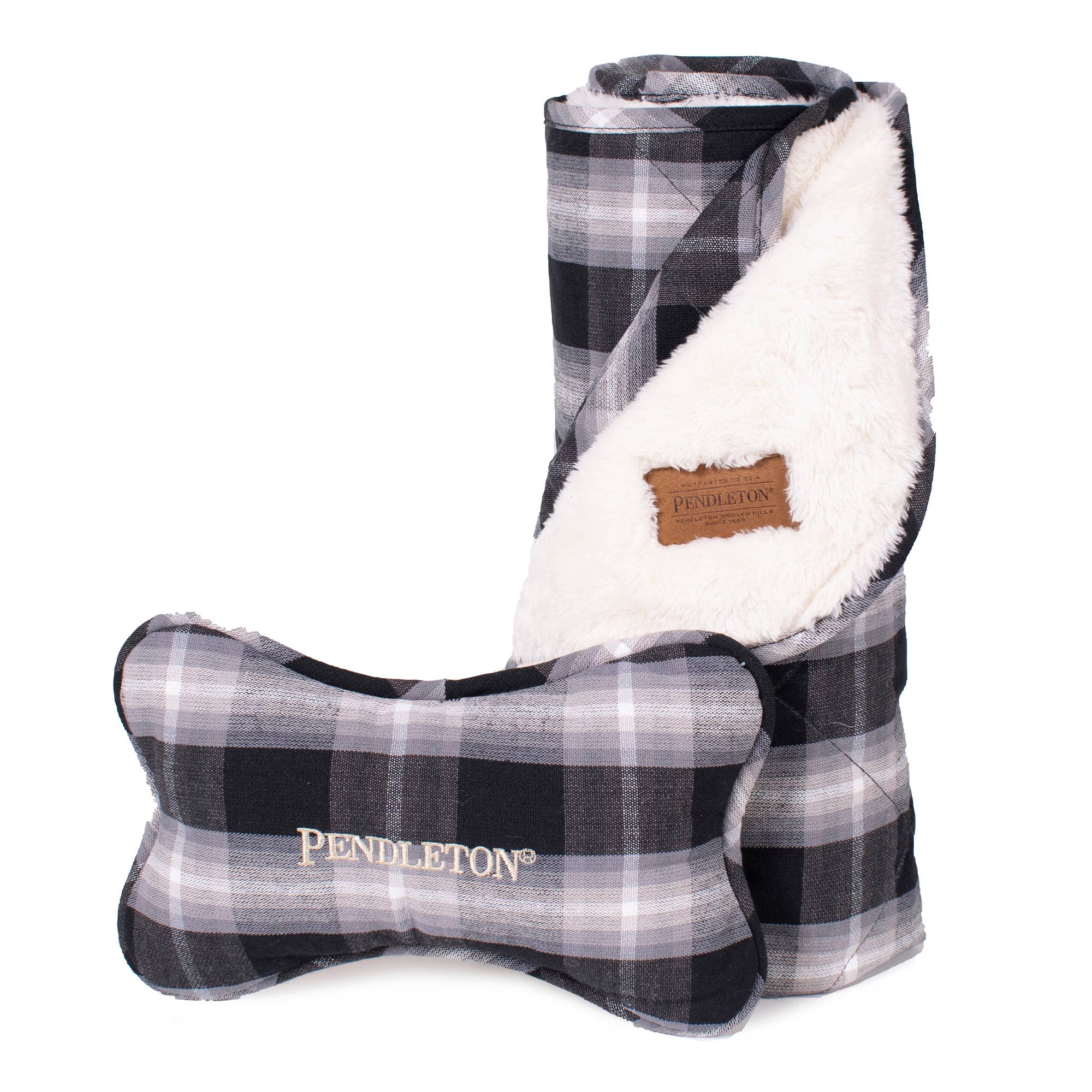Pendleton Plaid Plush Throw and Bone Toy Set for Dogs: Grey Stewart Plaid
