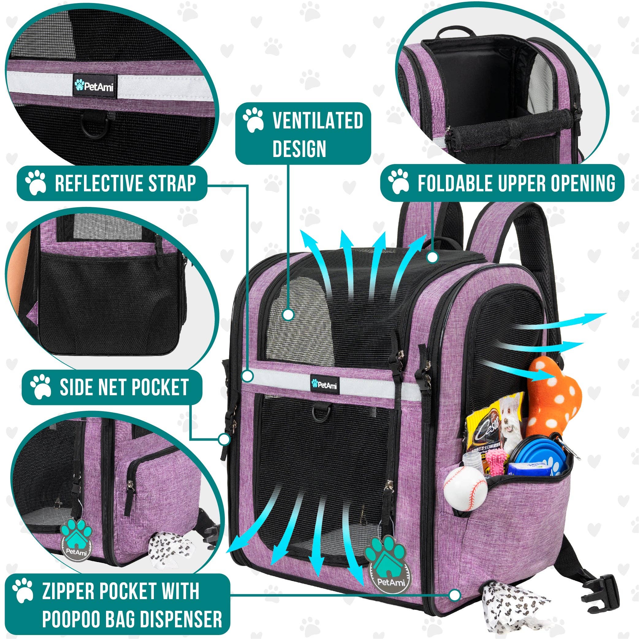 PetAmi - Ultimate 4 Way Entry Pet Carrier Backpack: Black / One Size - 14.5" x 11.5" x 18" (LxWxH)