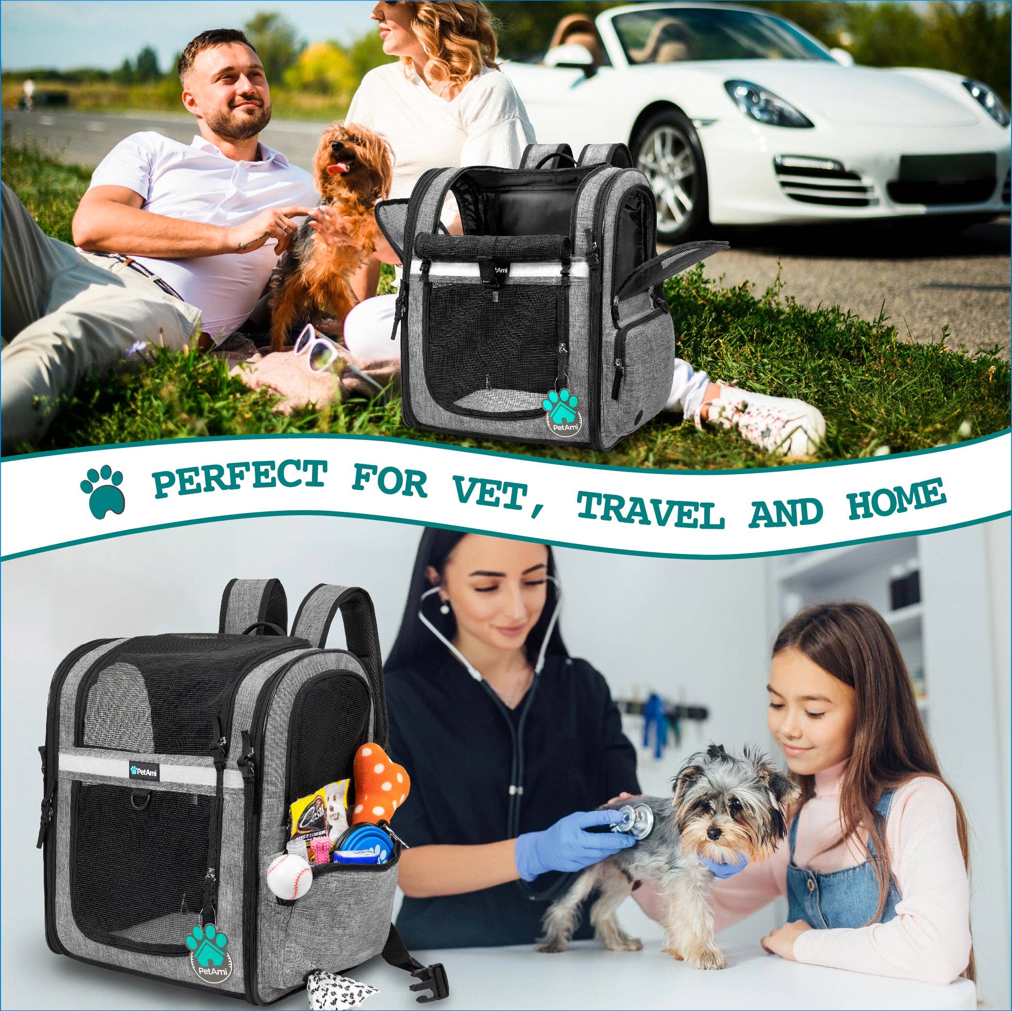 PetAmi - Ultimate 4 Way Entry Pet Carrier Backpack: Black / One Size - 14.5" x 11.5" x 18" (LxWxH)