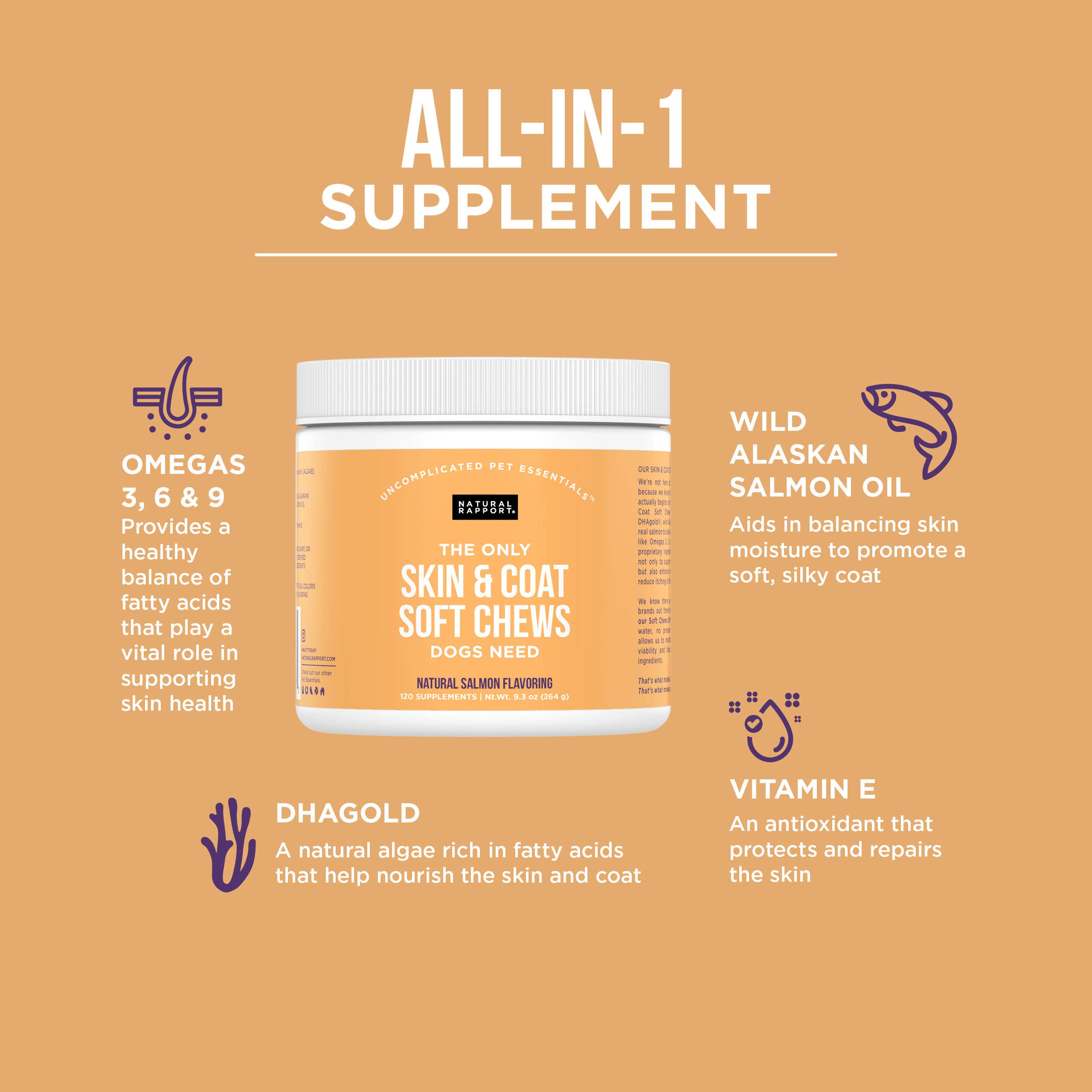 Natural Rapport - The Only Skin & Coat Soft Chews Dogs Need: 120 count jar