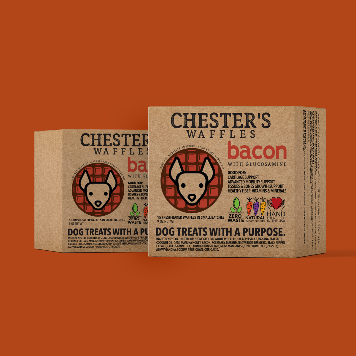 Chester's Dog Treats, LLC - CHESTER’S BACON WAFFLES DOG TREATS WITH GLUCOSAMINE