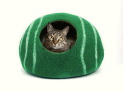 Felt Cat Cave Natural Felt Wool Cat Bed - Green & Lines