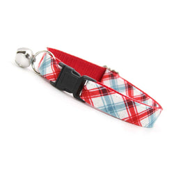 Made By Cleo - "Snow Cone" - Blue & Red Plaid Cat Collar Adult (8-13)